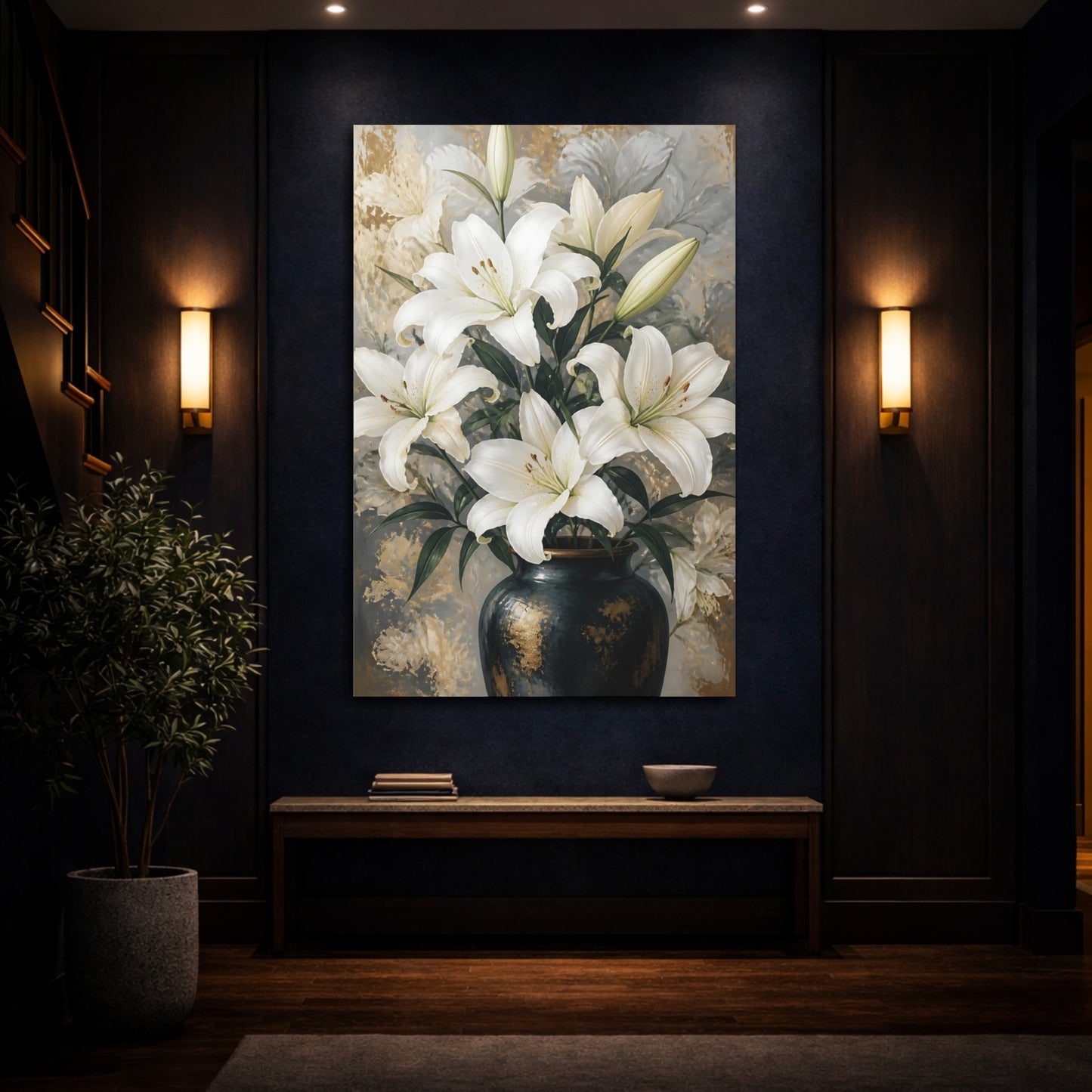 Mockup 4. White Lily Flowers In Vase shown as canvas print