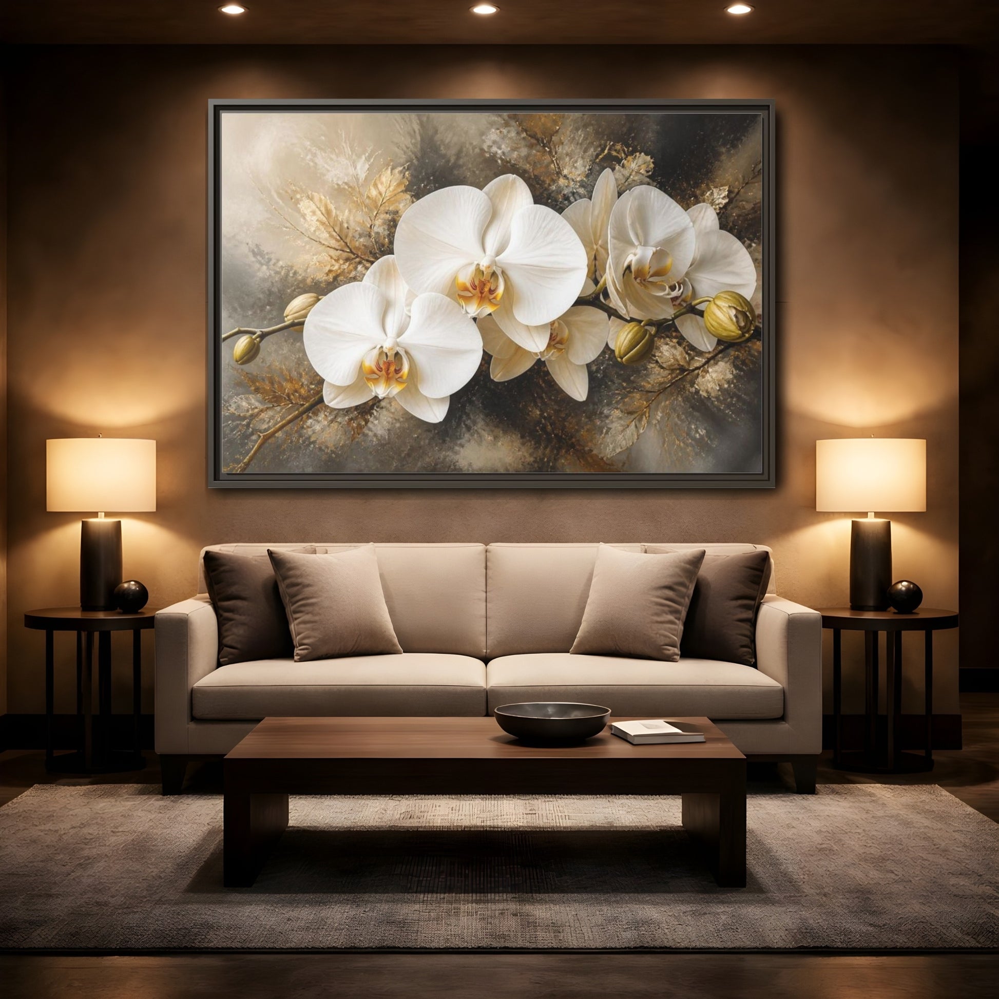 Mockup 2. White Orchid Floral Elegance shown as framed canvas print