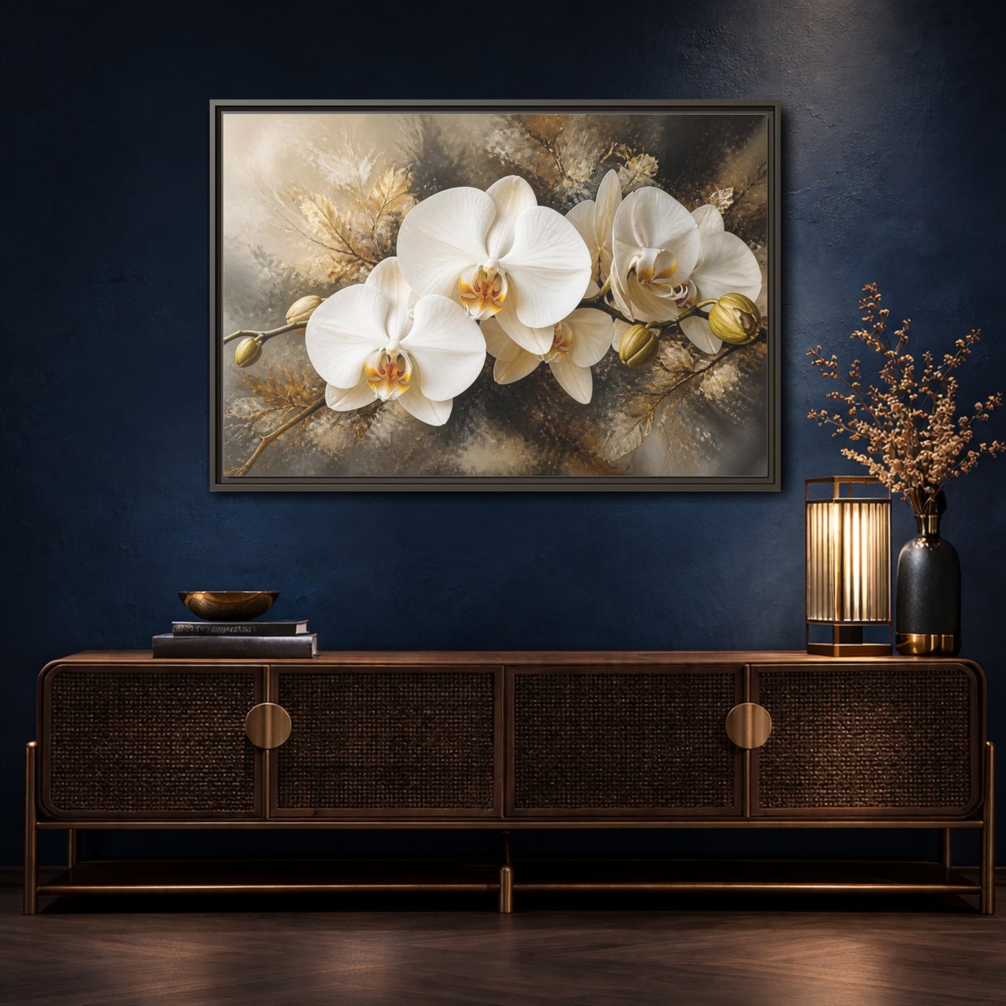 Mockup 4. White Orchid Floral Elegance shown as framed canvas print