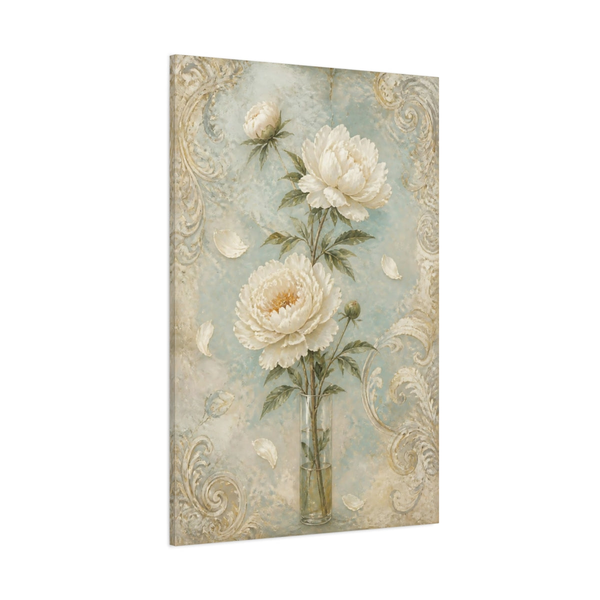Side Mockup 1. White Peony Flowers shown as canvas print