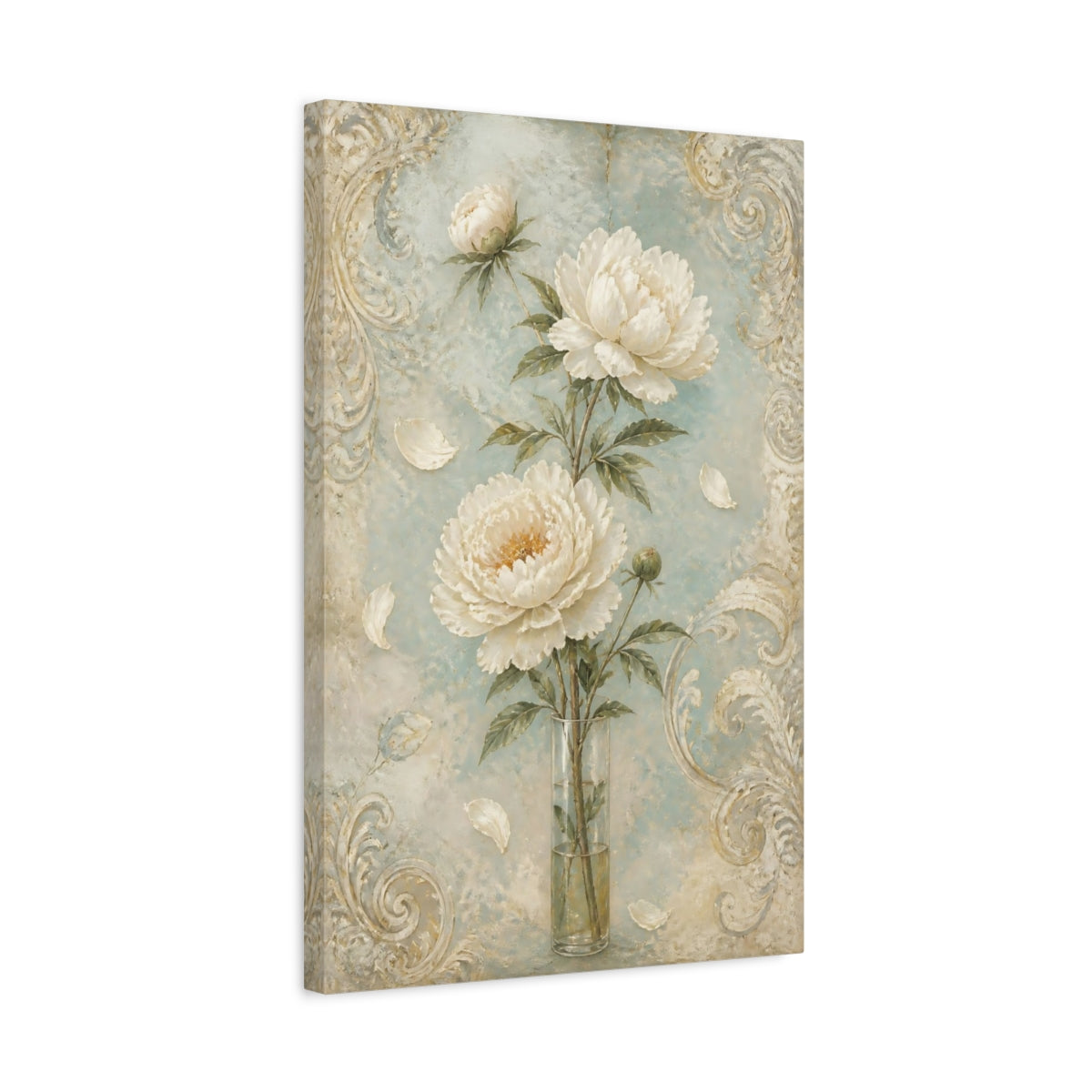 Side Mockup 3. White Peony Flowers shown as canvas print