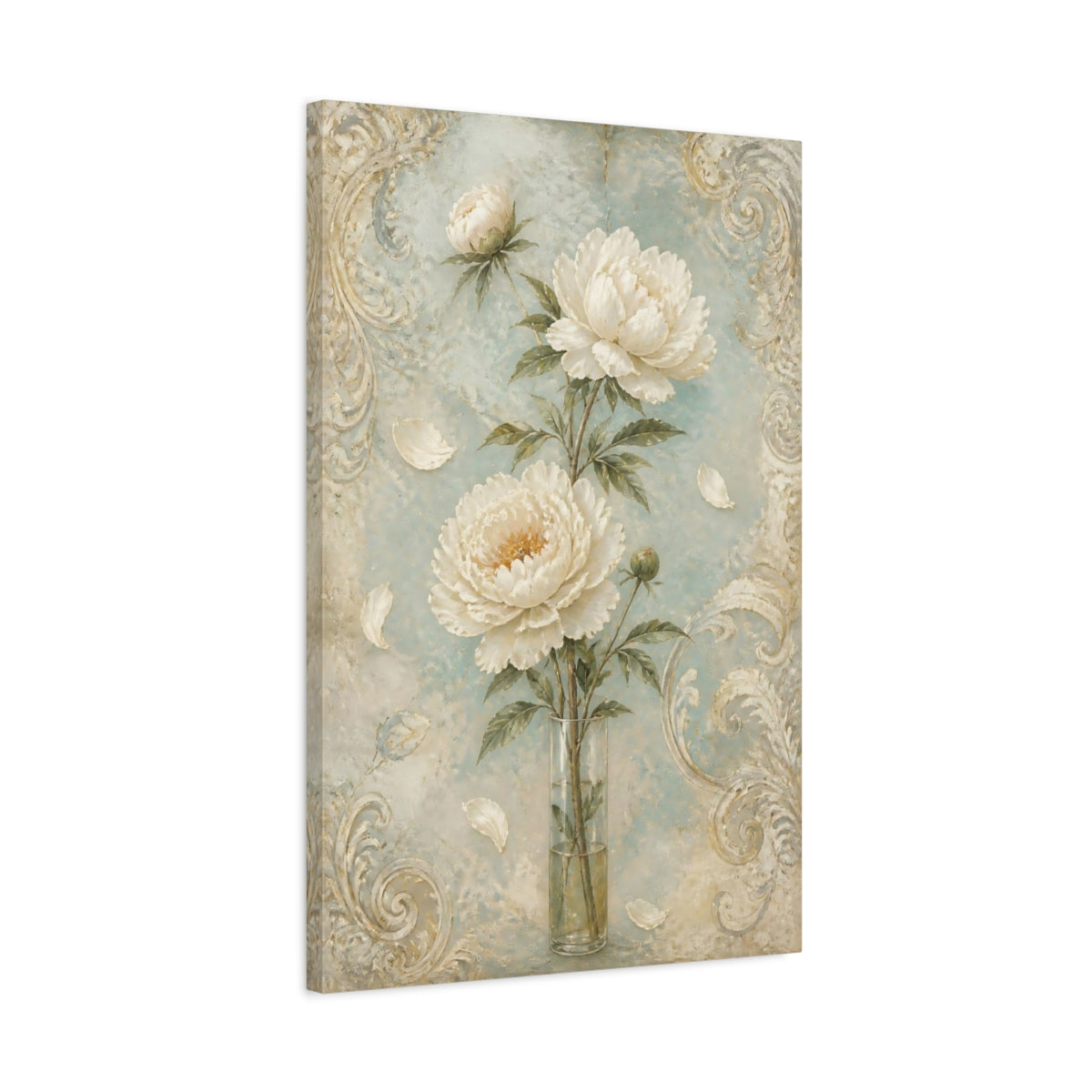 Side Mockup 2. White Peony Flowers shown as canvas print