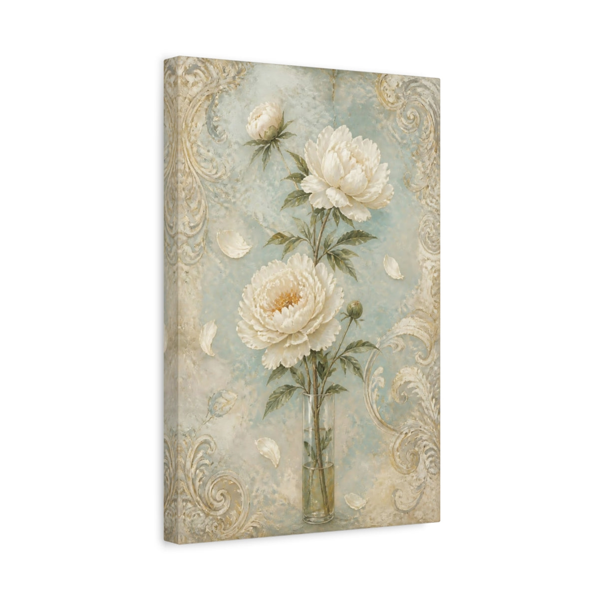Side Mockup 4. White Peony Flowers shown as canvas print