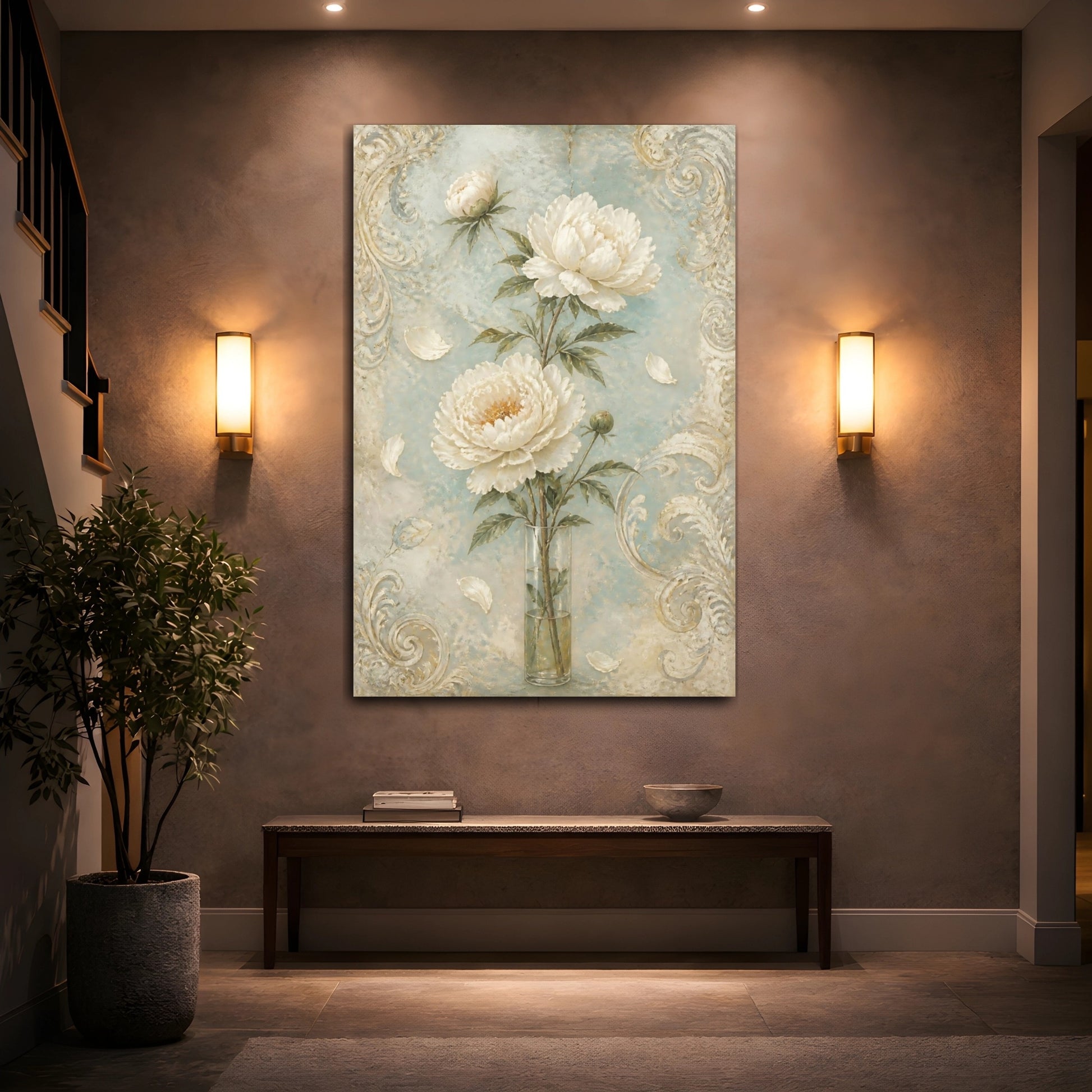 Mockup 2. White Peony Flowers shown as canvas print