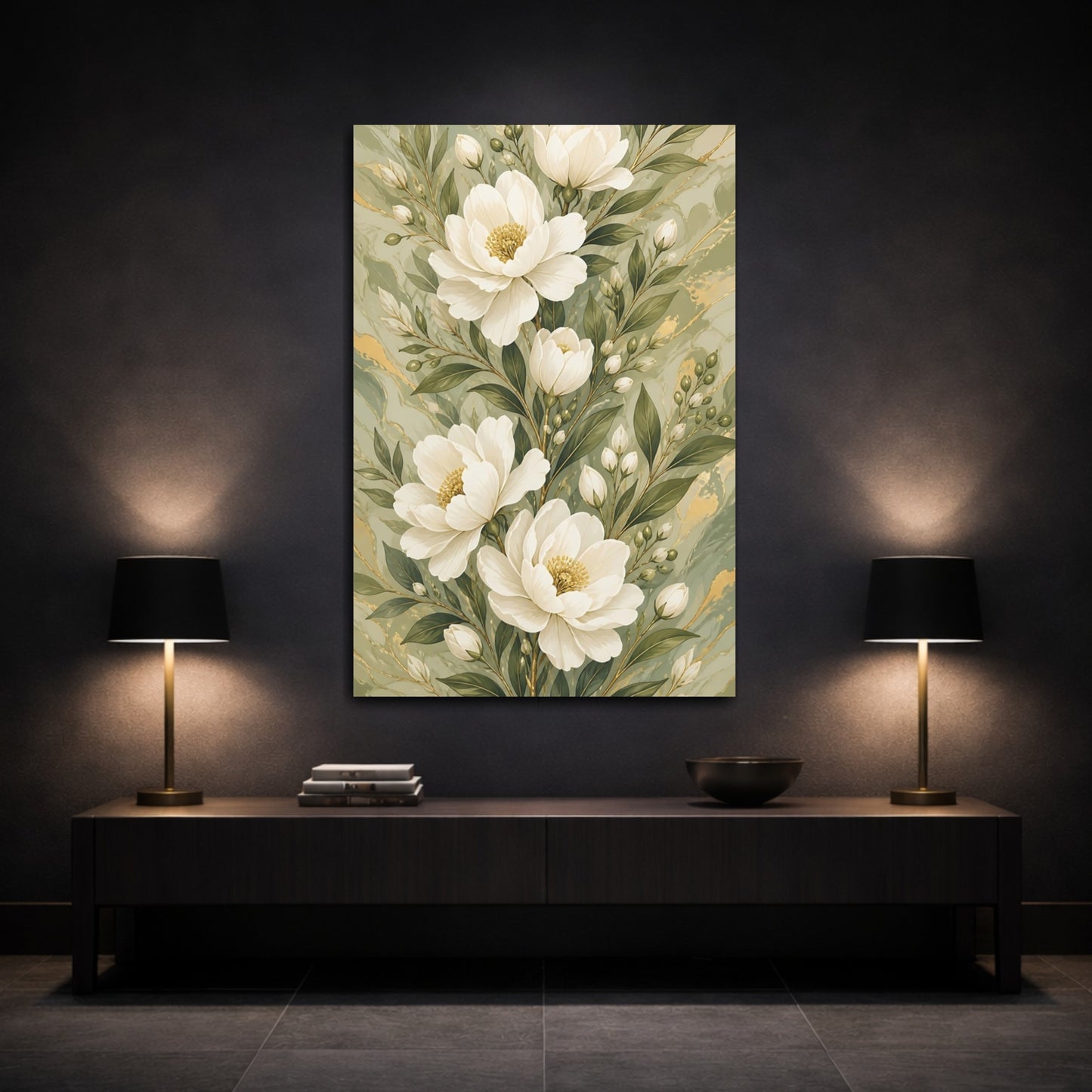Mockup 3. White Peony Flowers shown as canvas print