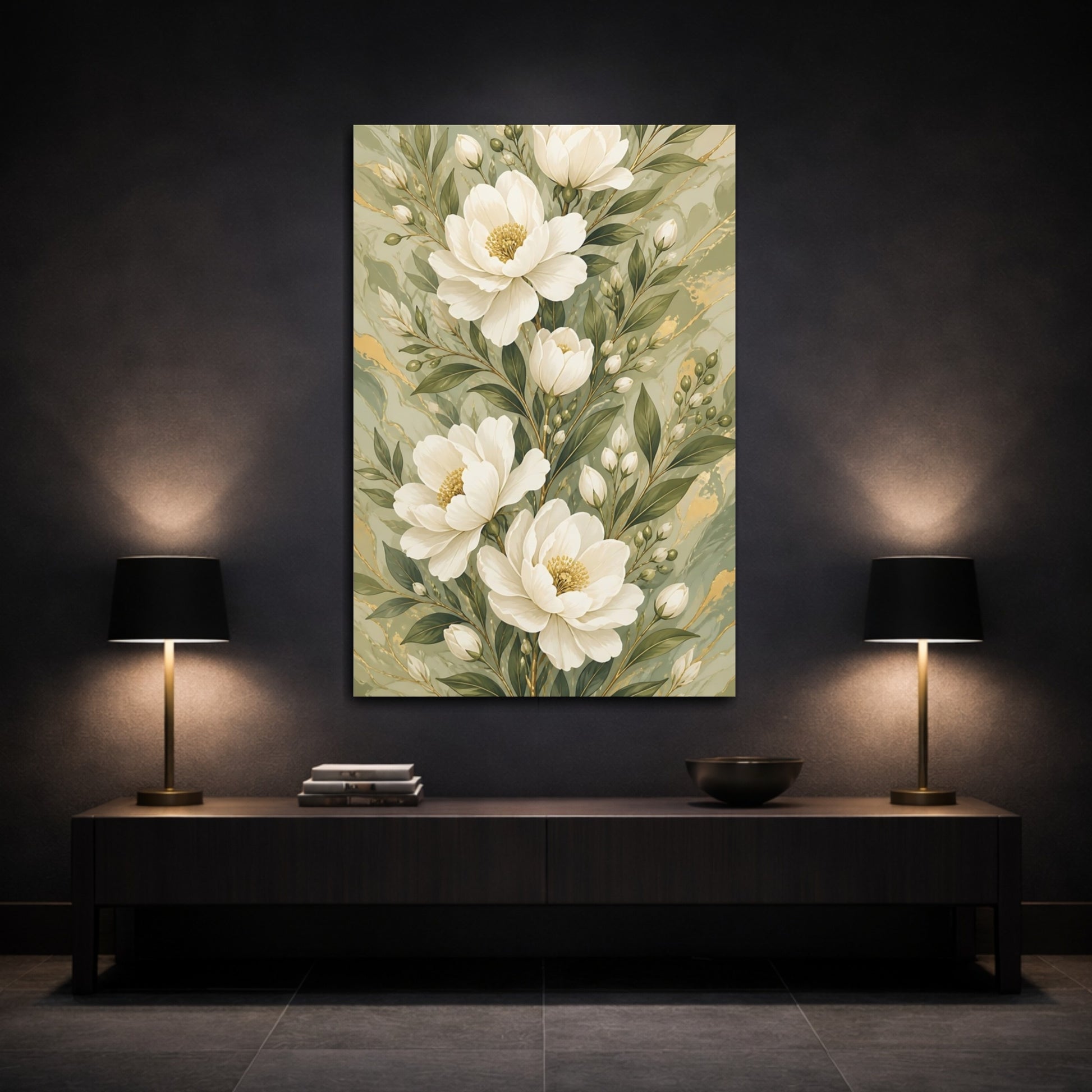 Mockup 3. White Peony Flowers shown as canvas print