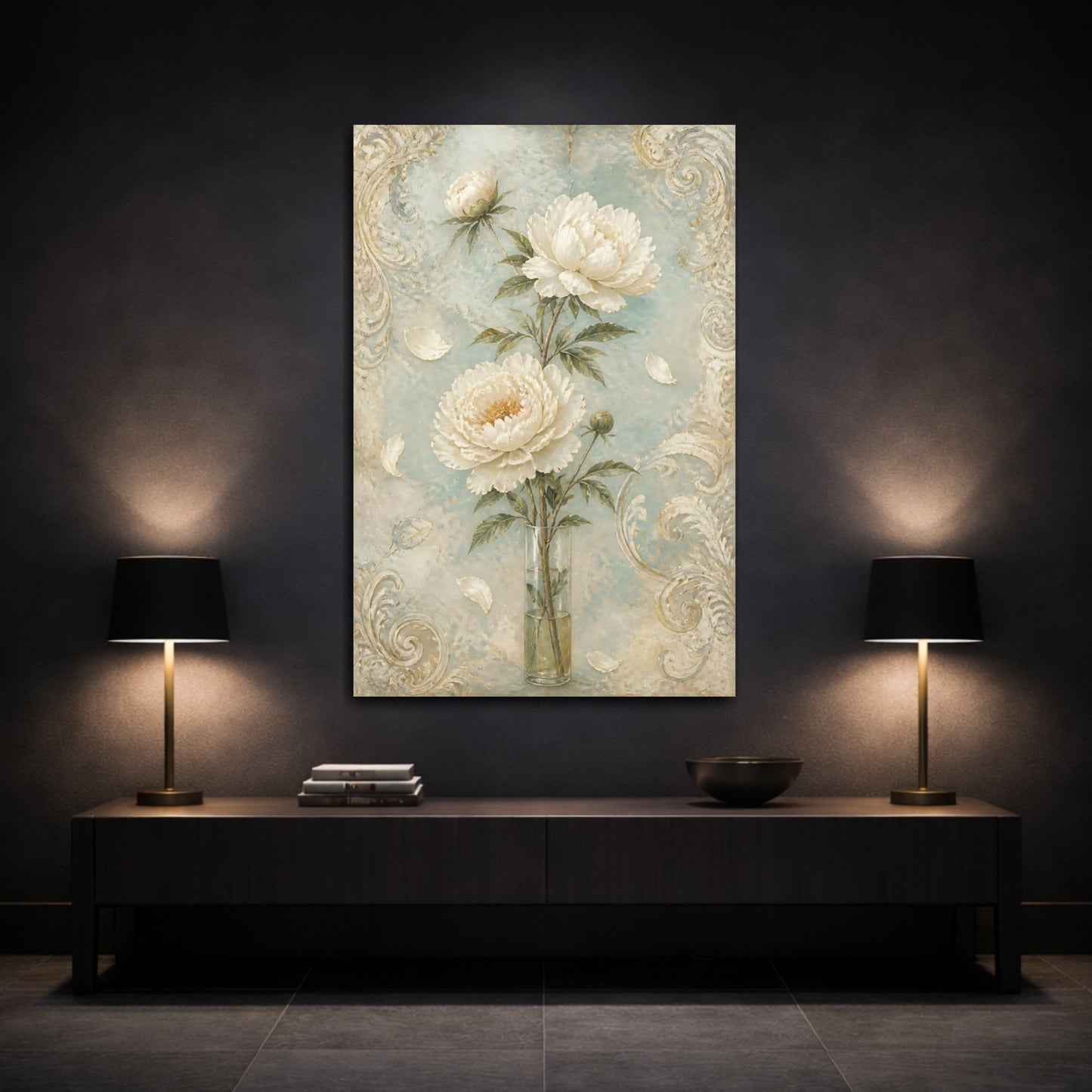 Mockup 3. White Peony Flowers shown as canvas print