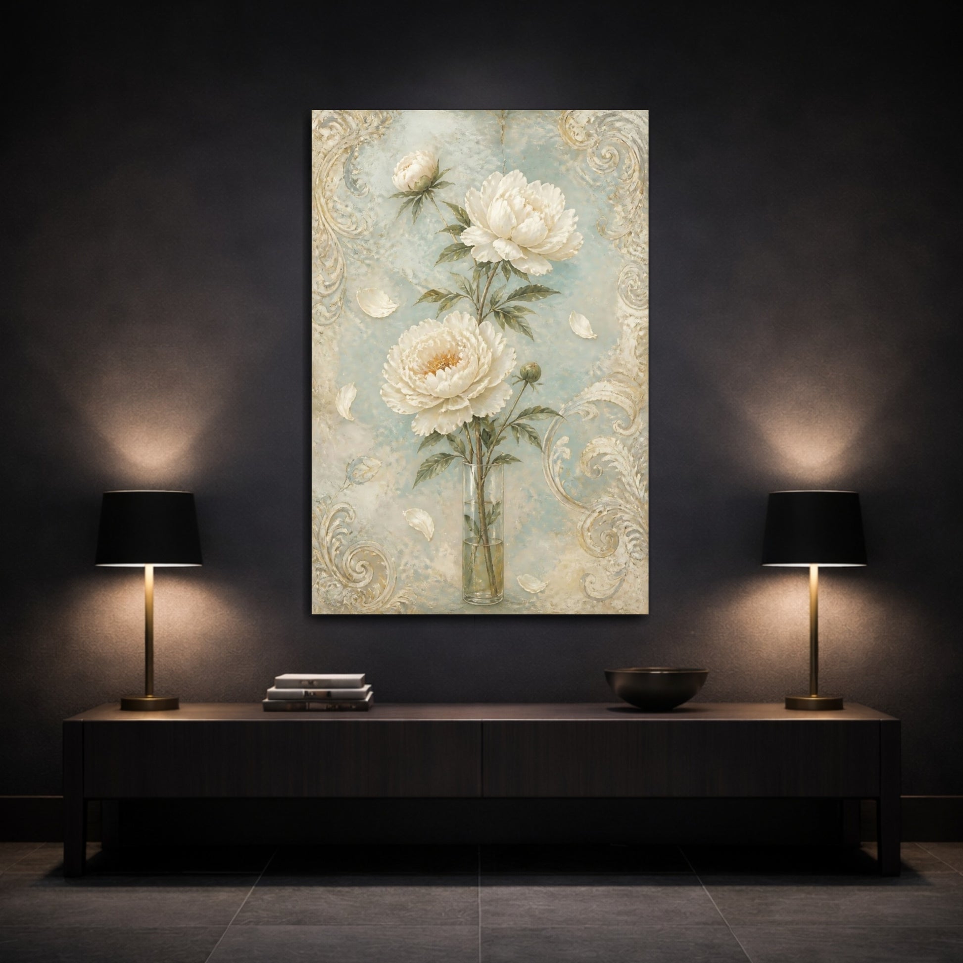 Mockup 3. White Peony Flowers shown as canvas print
