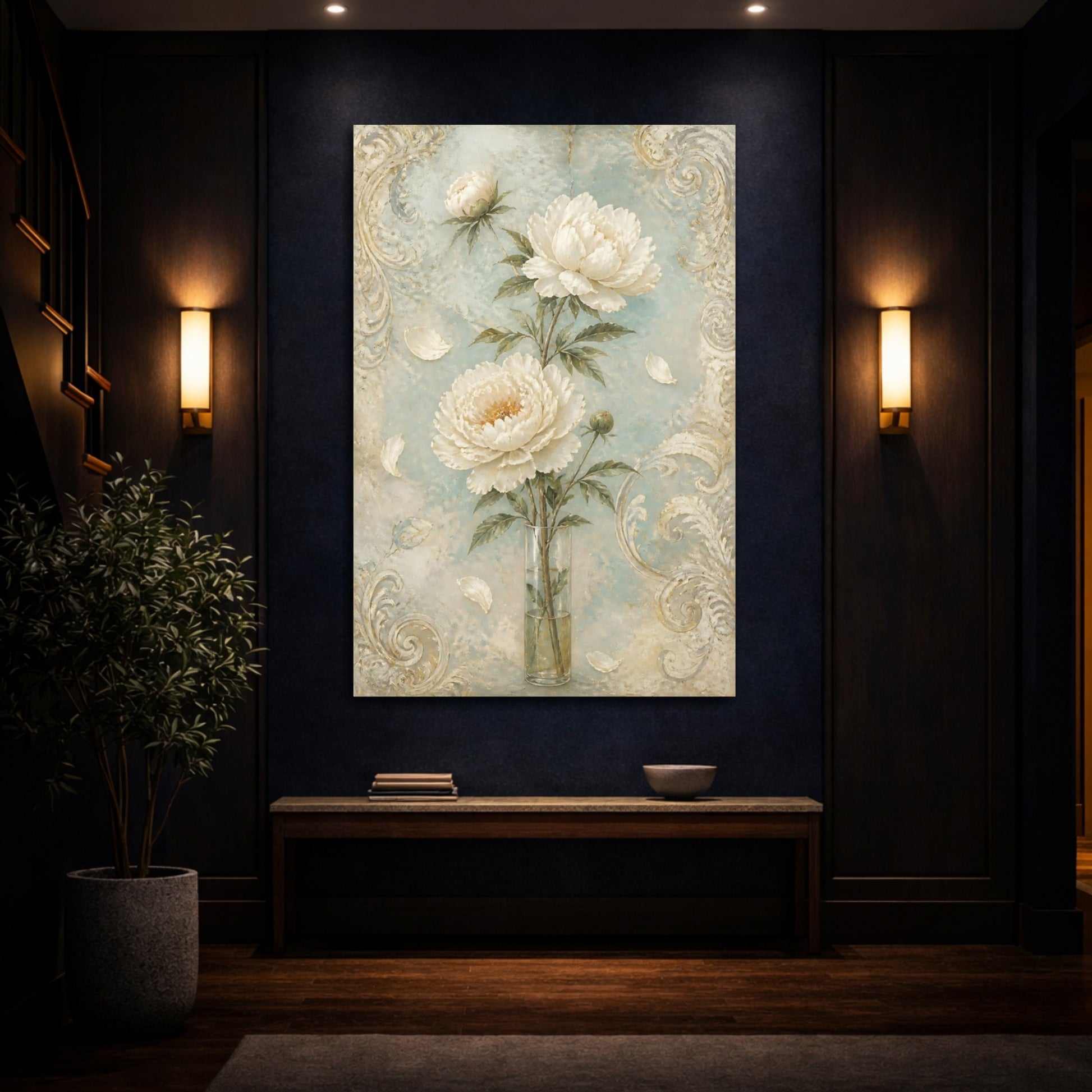 Mockup 4. White Peony Flowers shown as canvas print