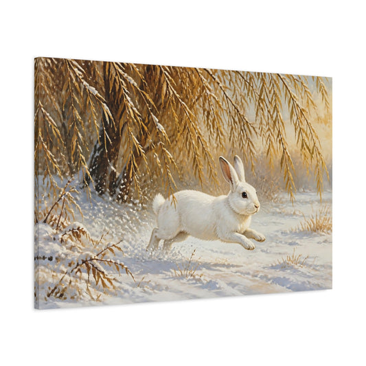 Main Mockup. White Rabbit In Snow shown as canvas print