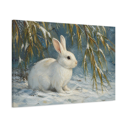 Main Mockup. White Rabbit In Snow shown as canvas print