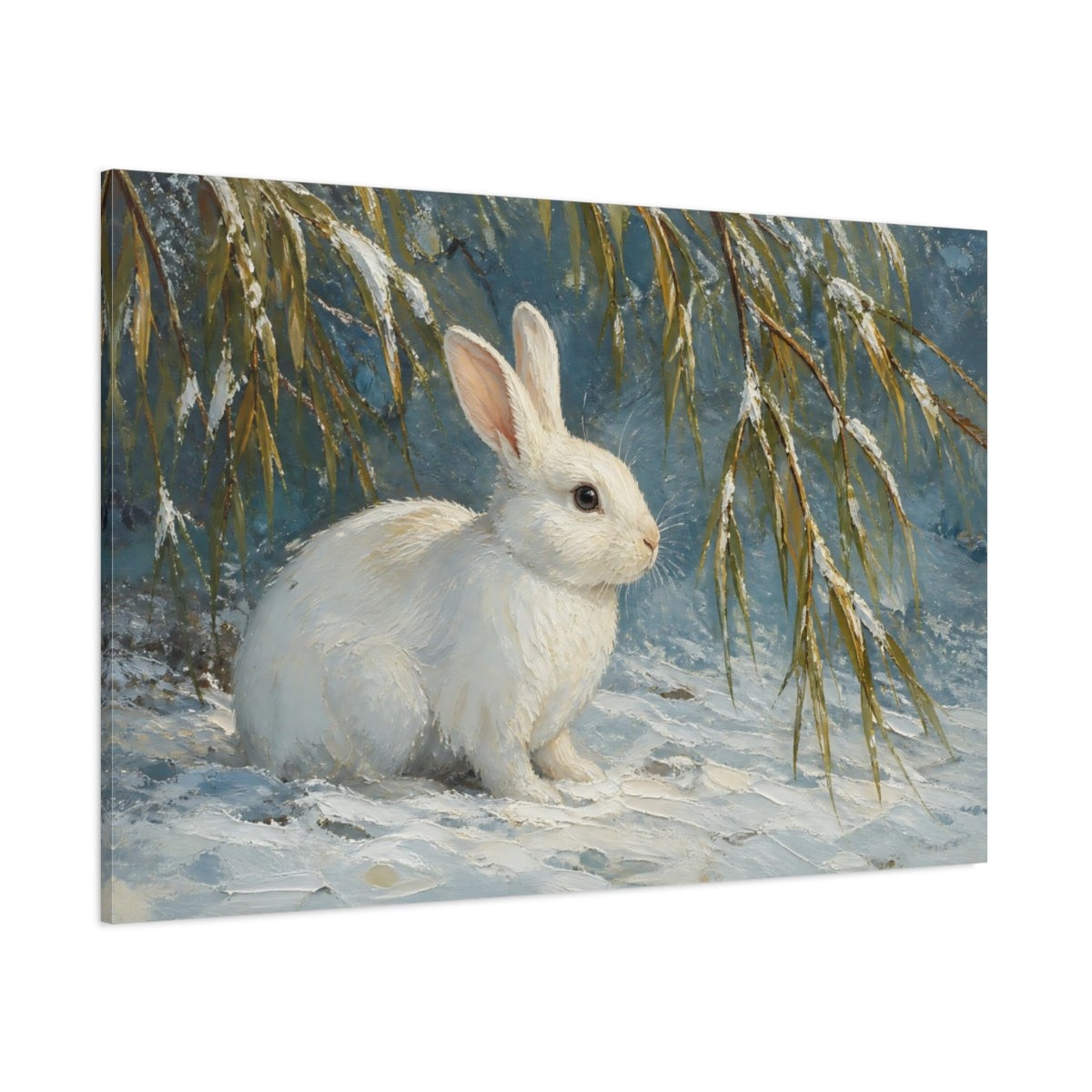 Side Mockup 1. White Rabbit In Snow shown as canvas print