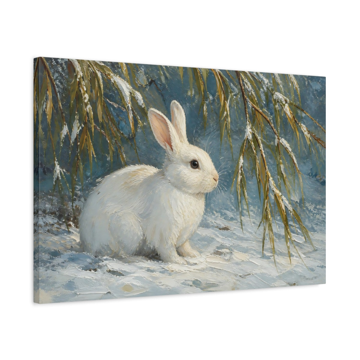 Side Mockup 2. White Rabbit In Snow shown as canvas print