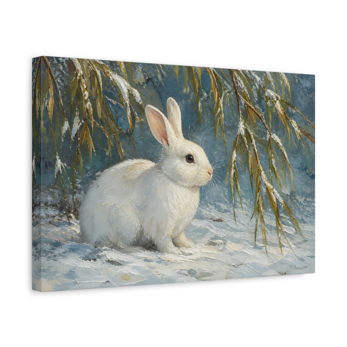 Side Mockup 4. White Rabbit In Snow shown as canvas print