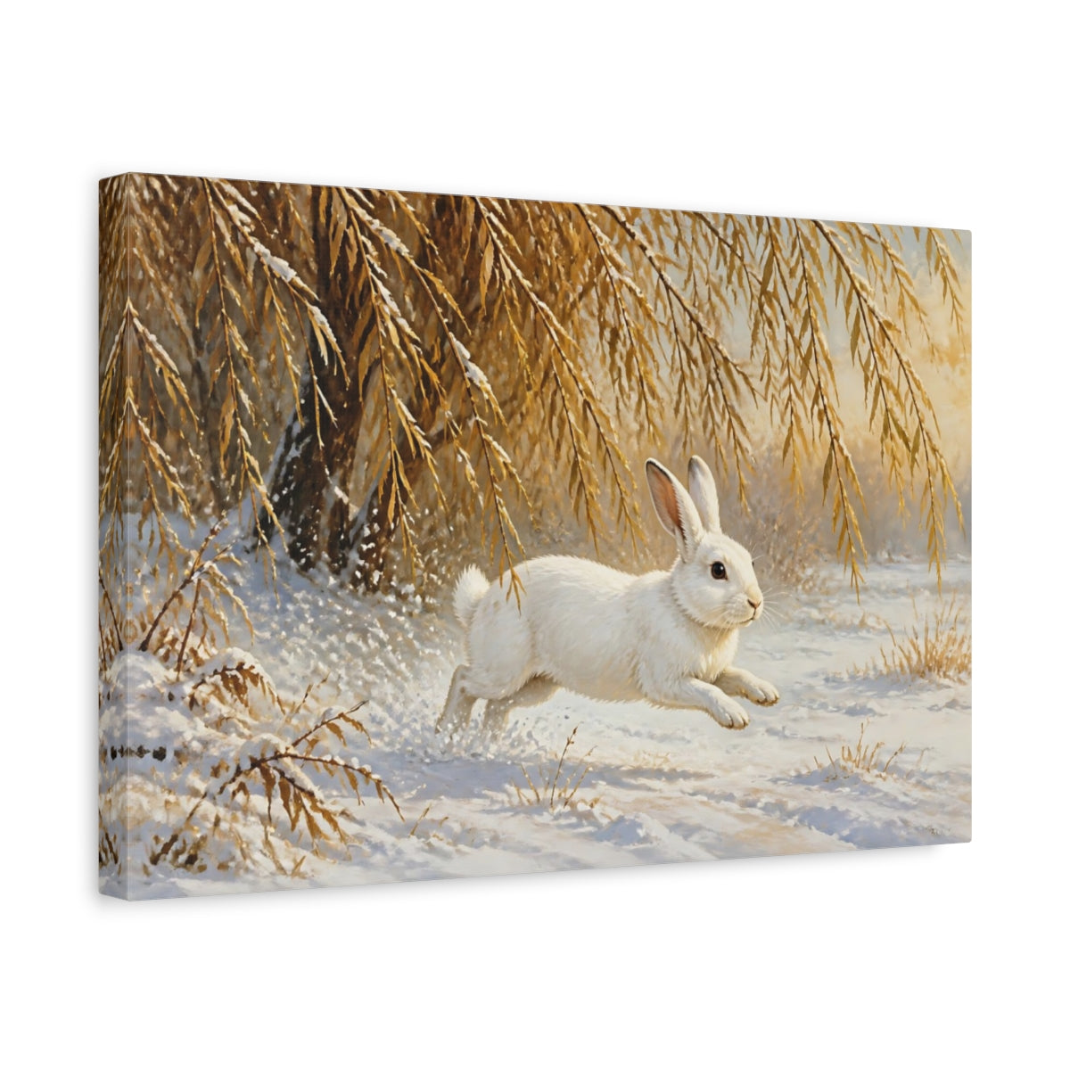 Side Mockup 4. White Rabbit In Snow shown as canvas print