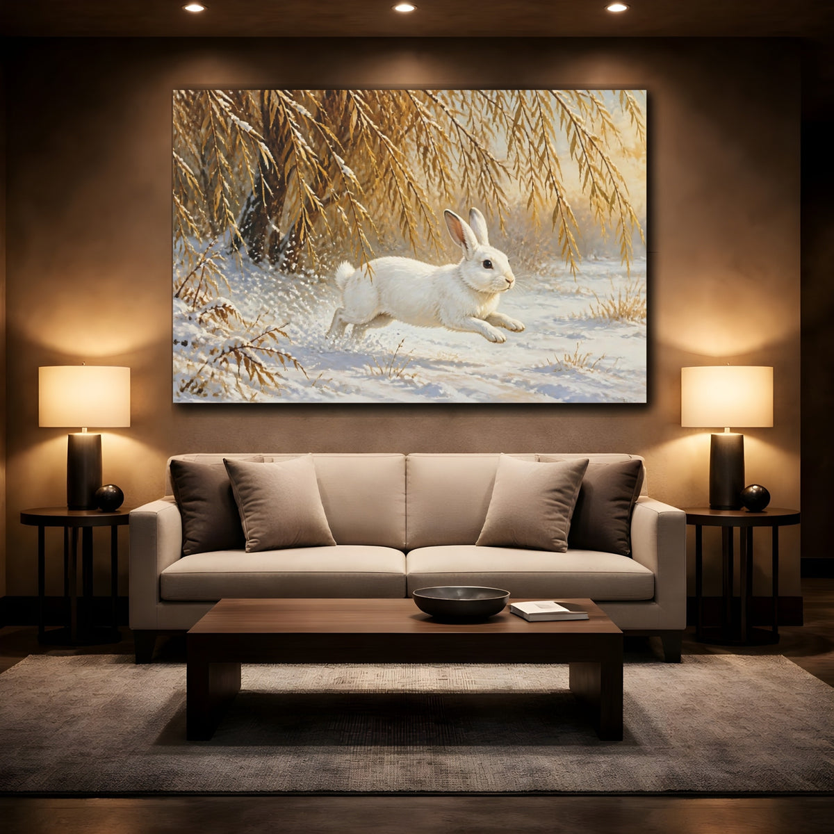 Mockup 2. White Rabbit In Snow shown as canvas print