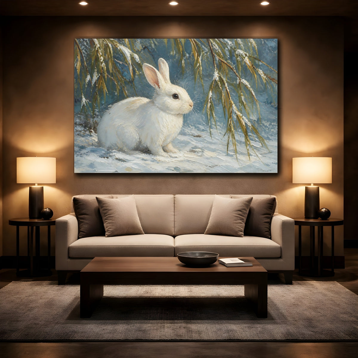Mockup 2. White Rabbit In Snow shown as canvas print