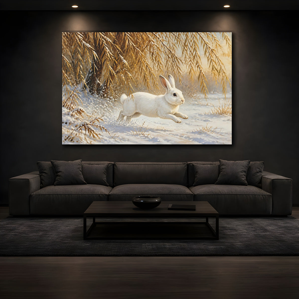 Mockup 3. White Rabbit In Snow shown as canvas print