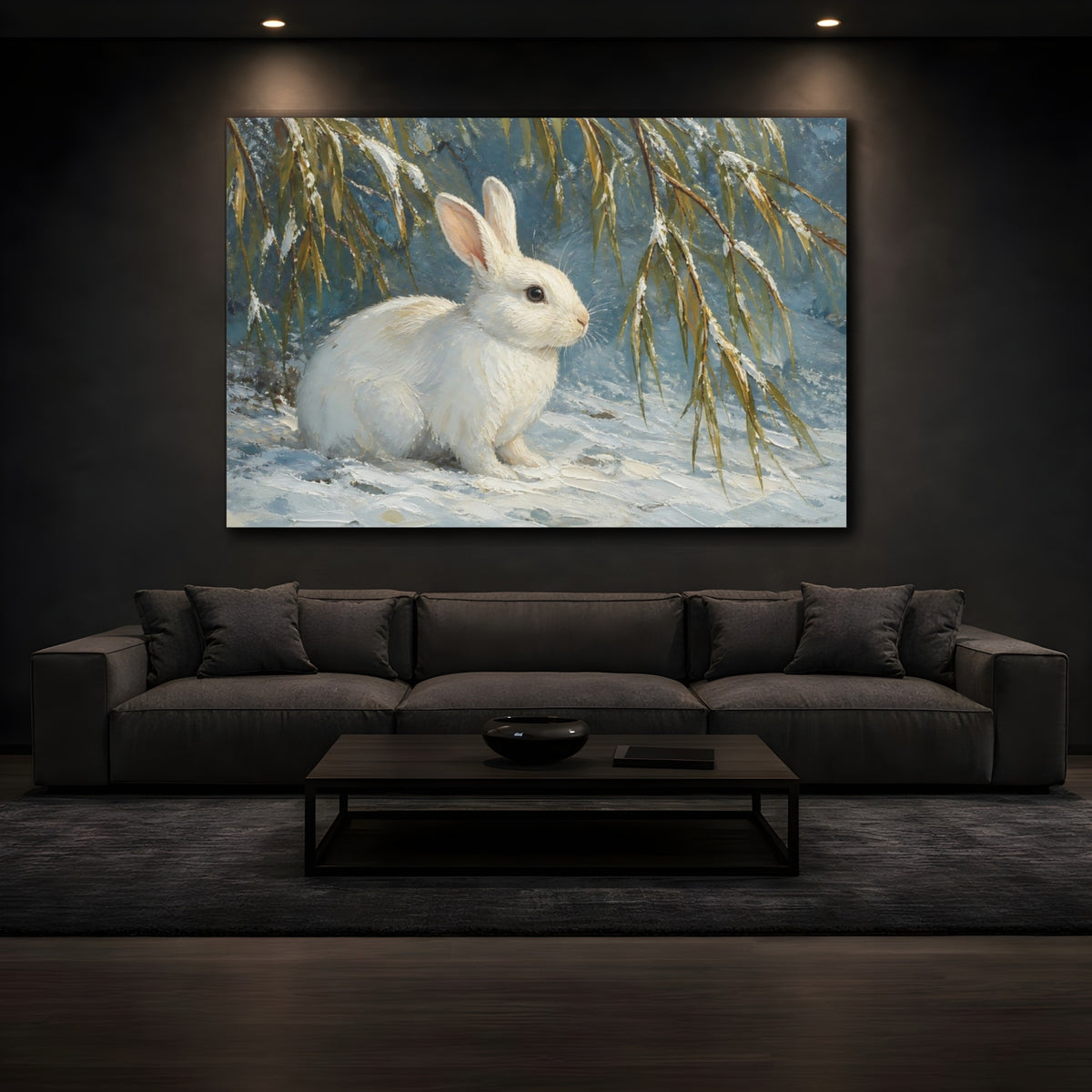 Mockup 3. White Rabbit In Snow shown as canvas print