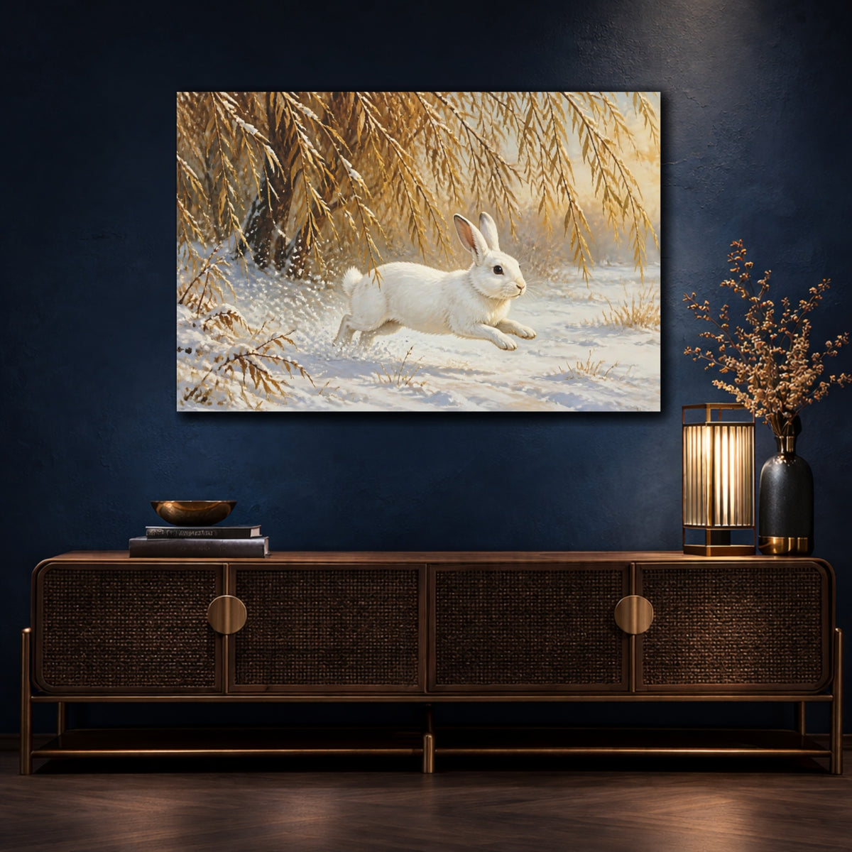 Mockup 4. White Rabbit In Snow shown as canvas print