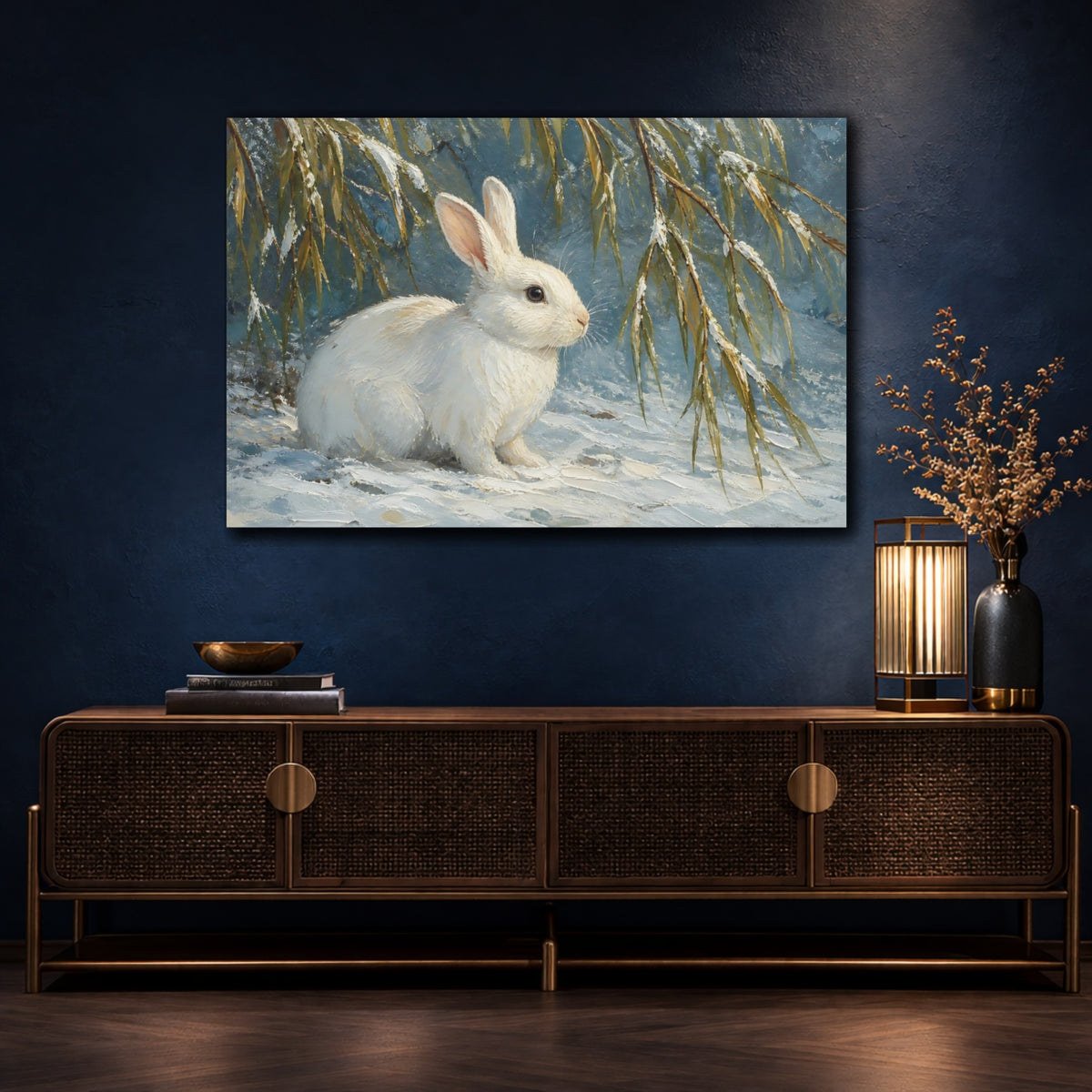 Mockup 4. White Rabbit In Snow shown as canvas print
