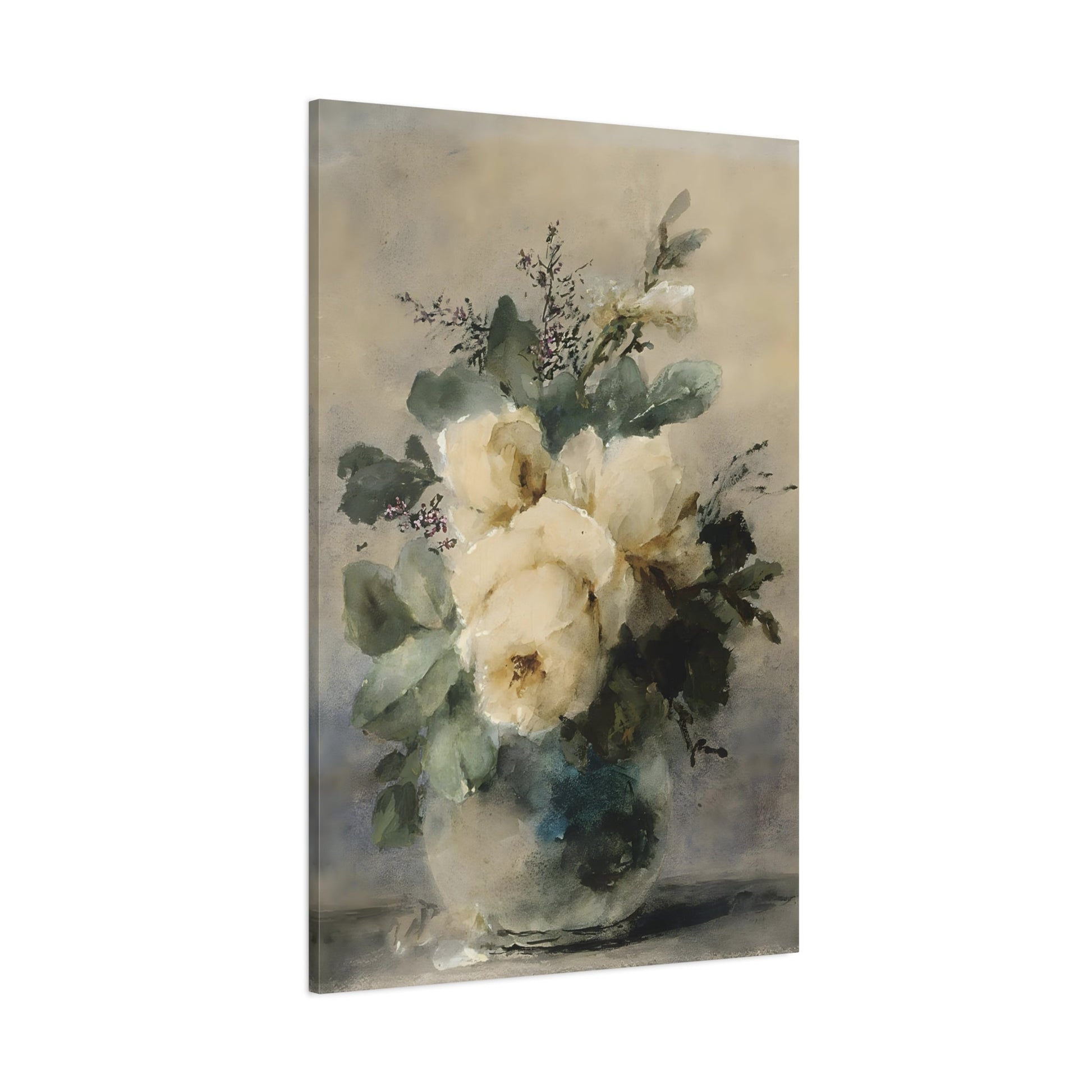 White Roses Still Life Peonies Vase - Vintage Canvas Wall Art Print