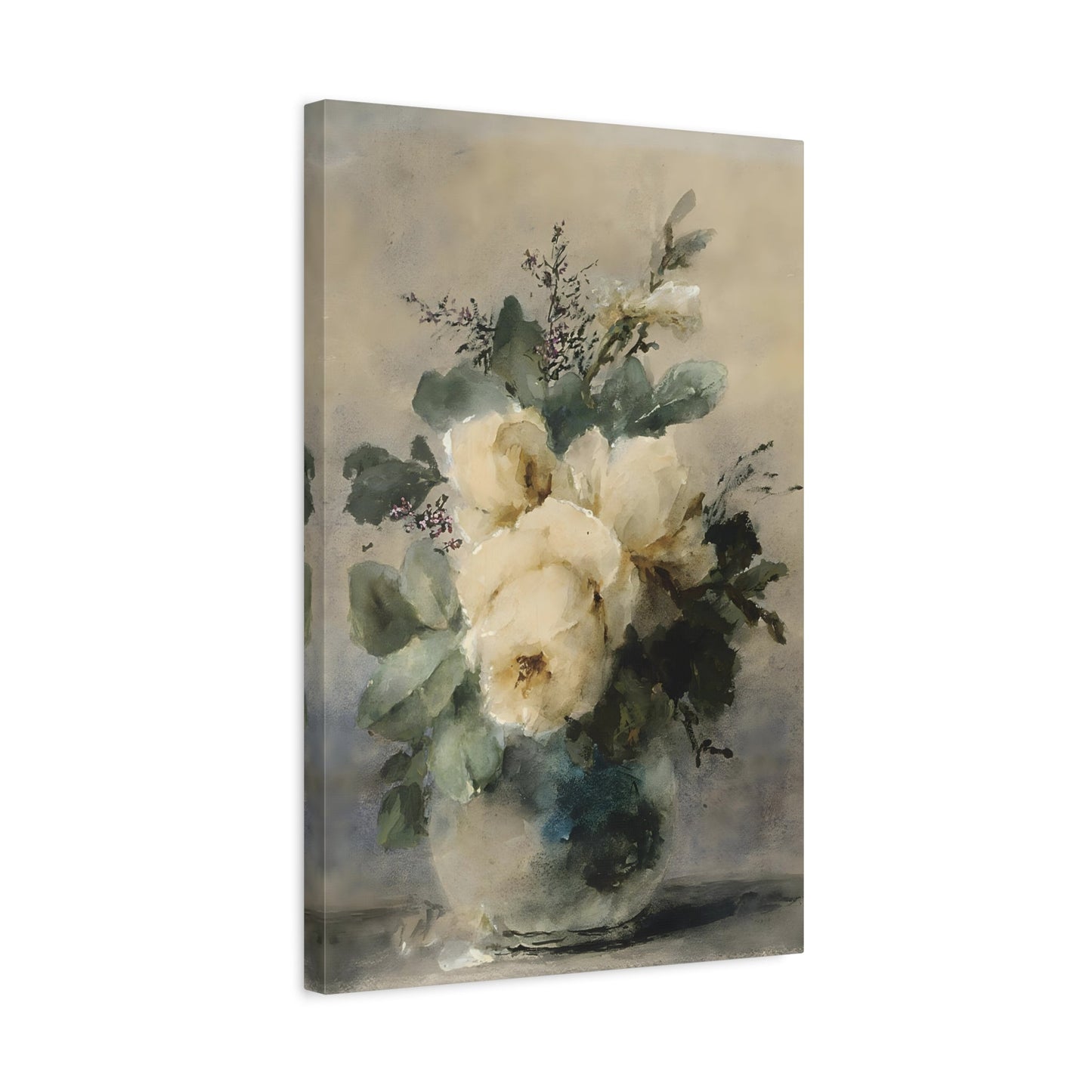 White Roses Still Life Peonies Vase - Vintage Canvas Wall Art Print