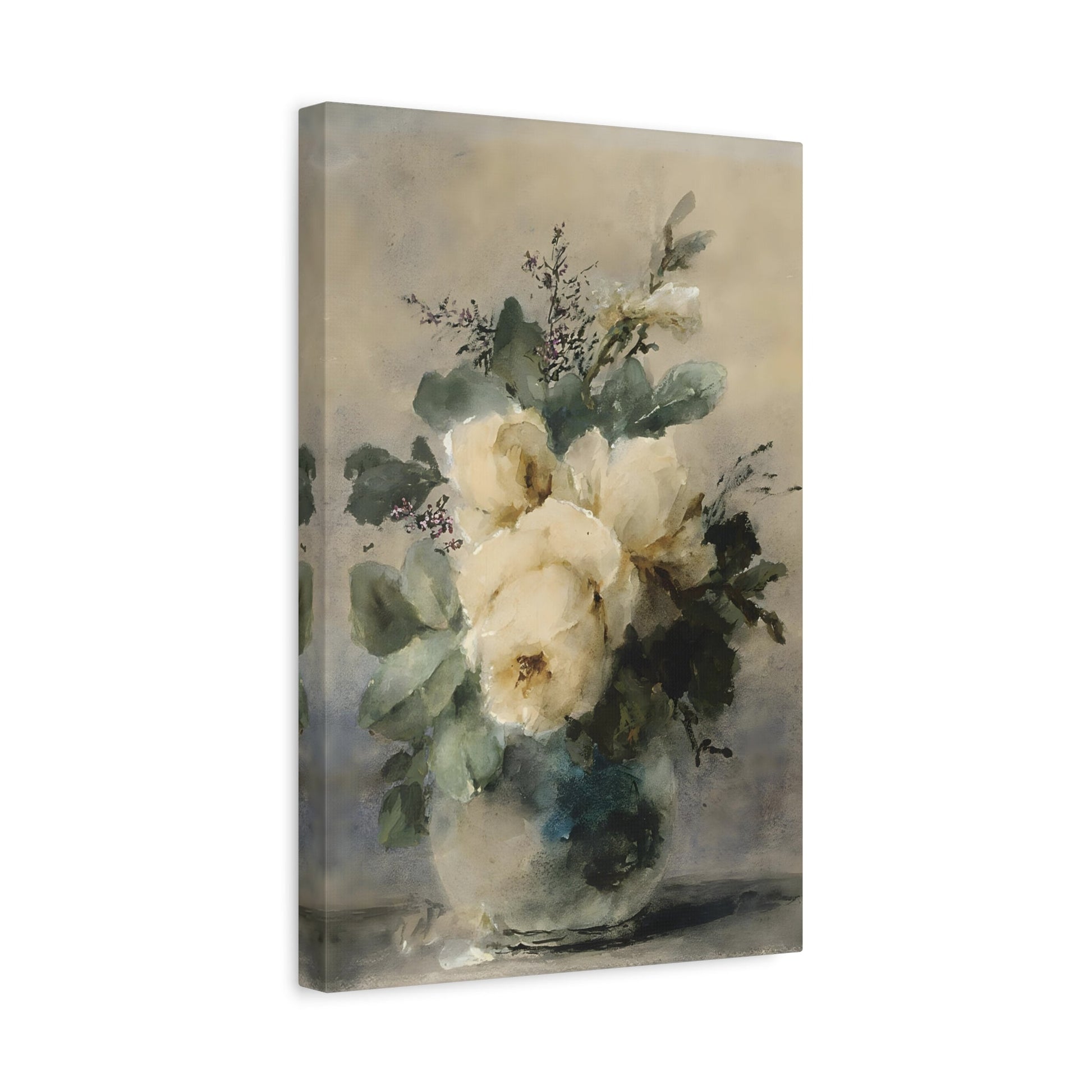 White Roses Still Life Peonies Vase - Vintage Canvas Wall Art Print