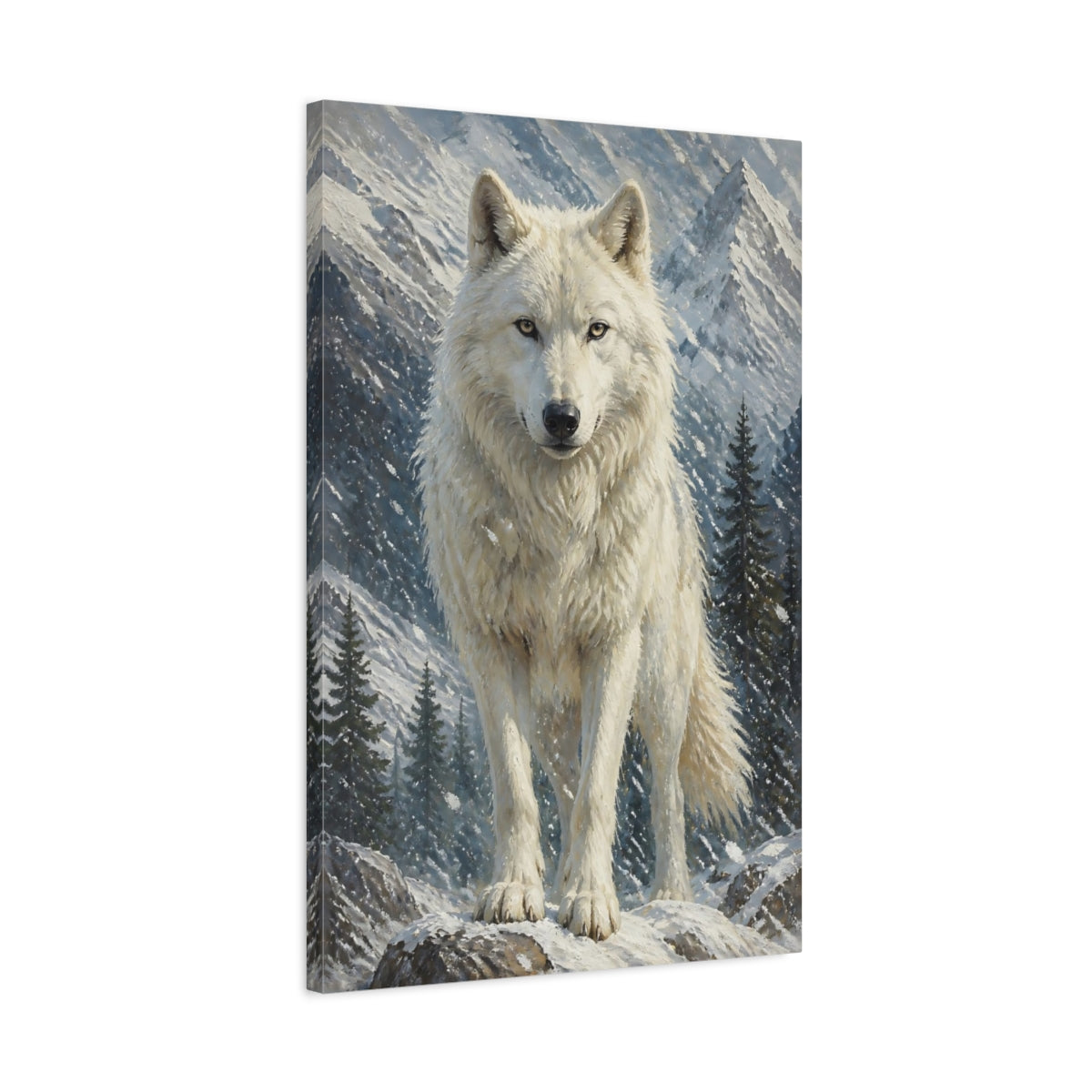 Side Mockup 2. White Wolf Animals Portrait shown as canvas print