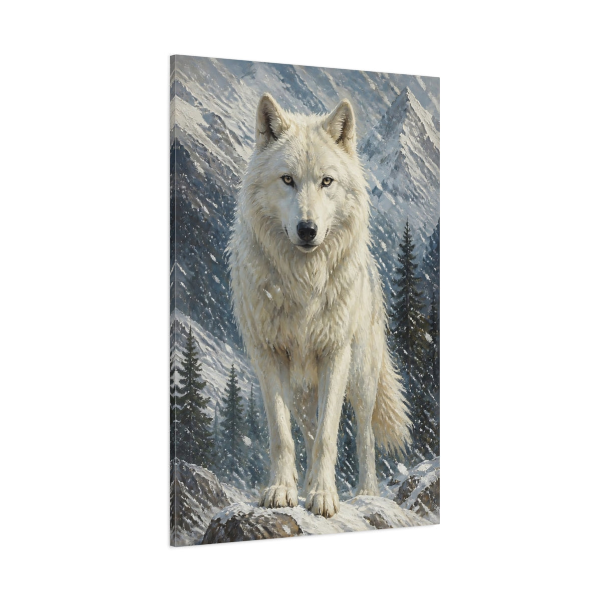 Side Mockup 1. White Wolf Animals Portrait shown as canvas print