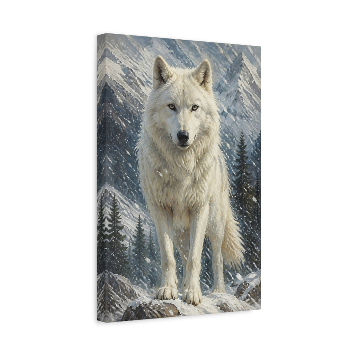 Side Mockup 4. White Wolf Animals Portrait shown as canvas print