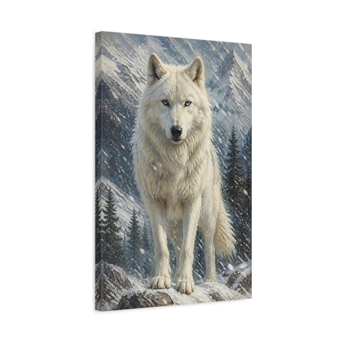 Side Mockup 3. White Wolf Animals Portrait shown as canvas print