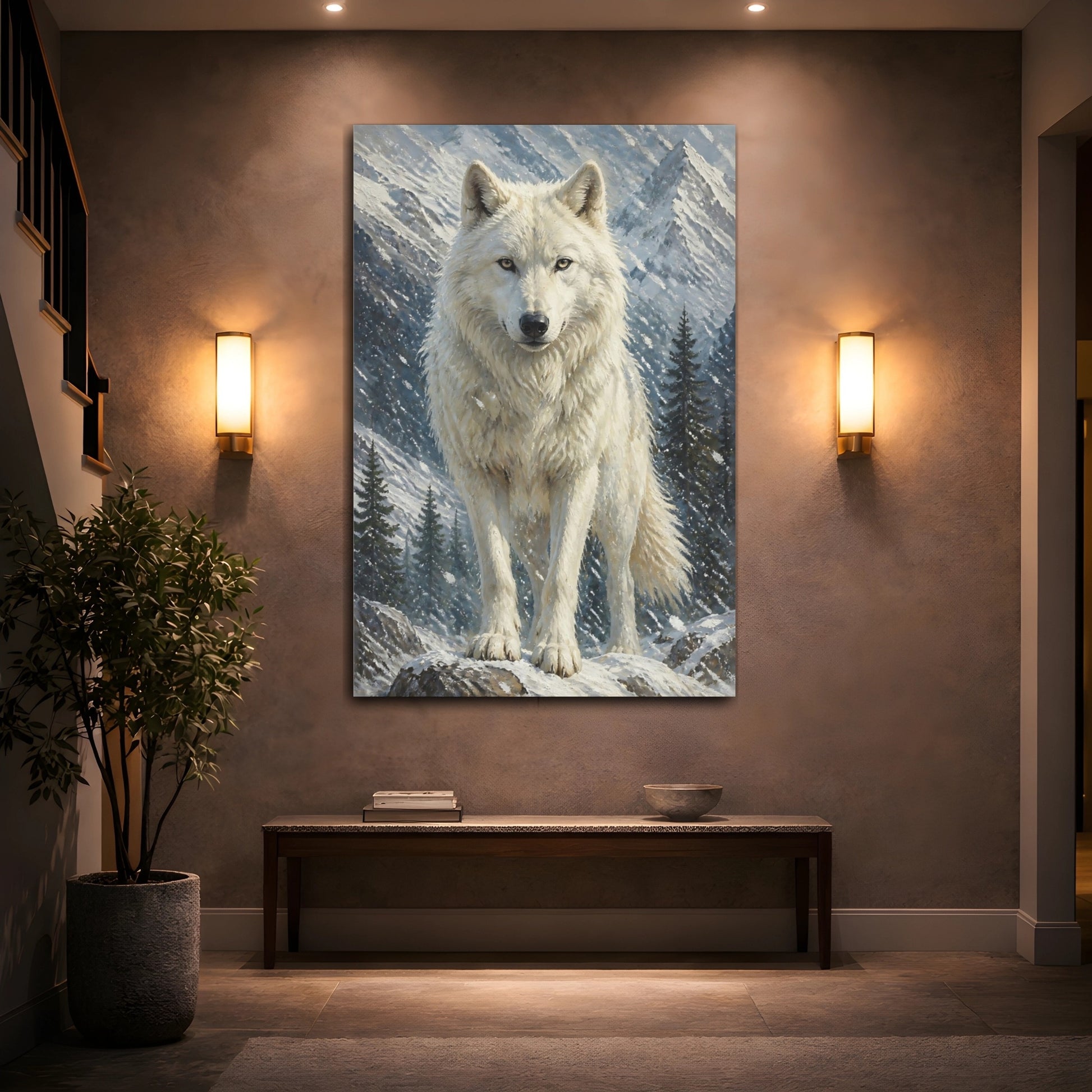Mockup 2. White Wolf Animals Portrait shown as canvas print
