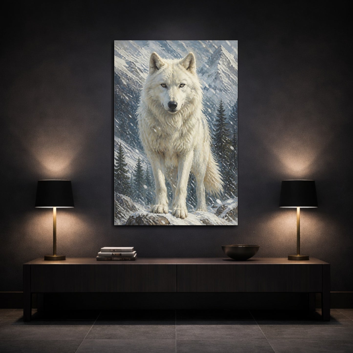 Mockup 3. White Wolf Animals Portrait shown as canvas print