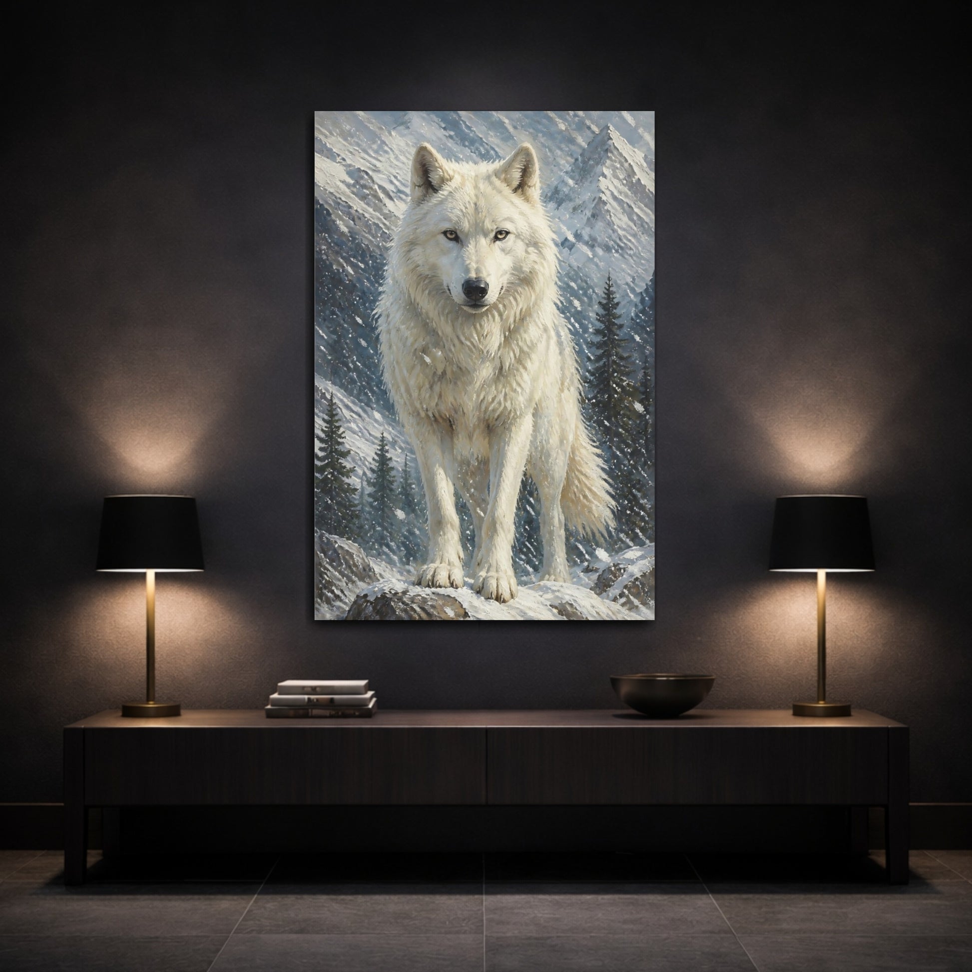 Mockup 3. White Wolf Animals Portrait shown as canvas print