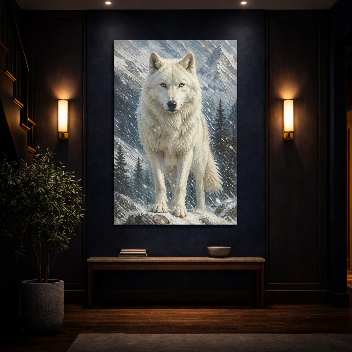 Mockup 4. White Wolf Animals Portrait shown as canvas print