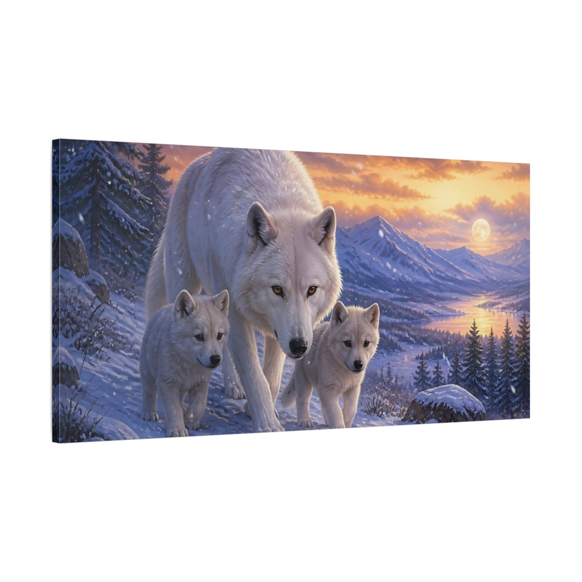 Main Mockup. White Wolf Family Sunset shown as canvas print