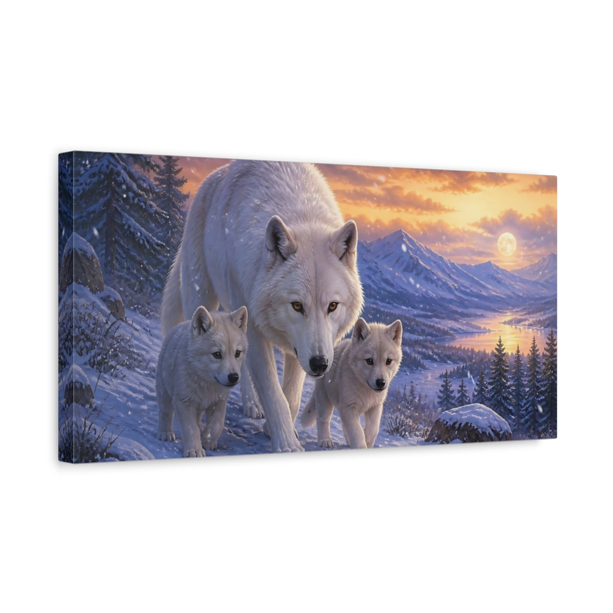 Side Mockup 3. White Wolf Family Sunset shown as canvas print