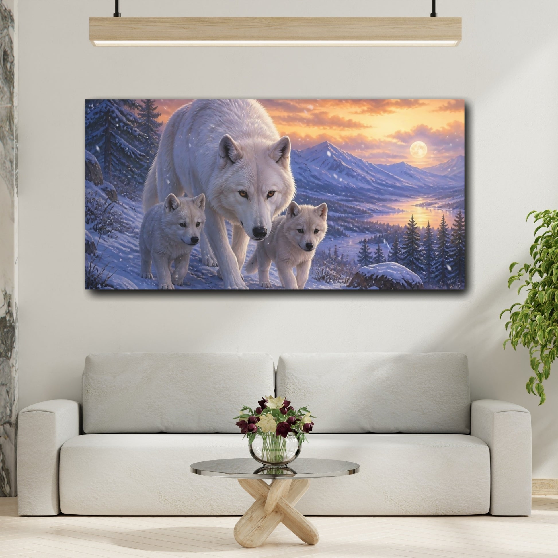 Mockup 2. White Wolf Family Sunset shown as canvas print