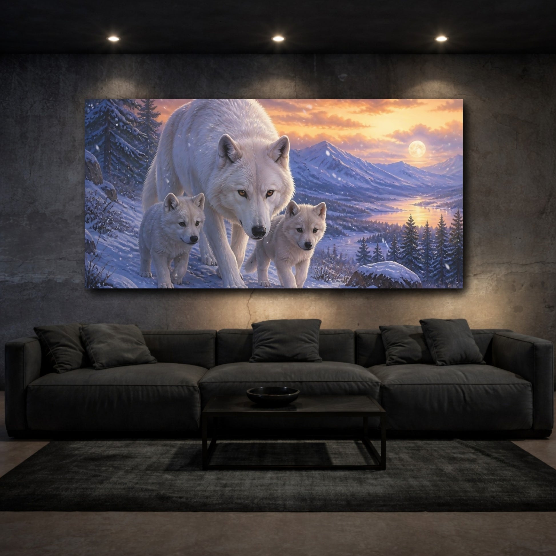 Mockup 3. White Wolf Family Sunset shown as canvas print