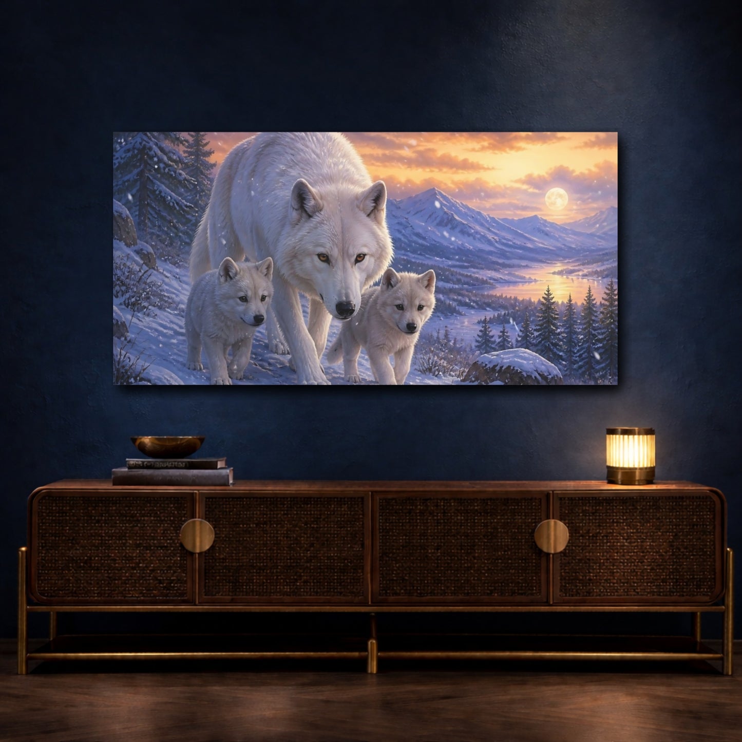 Mockup 4. White Wolf Family Sunset shown as canvas print