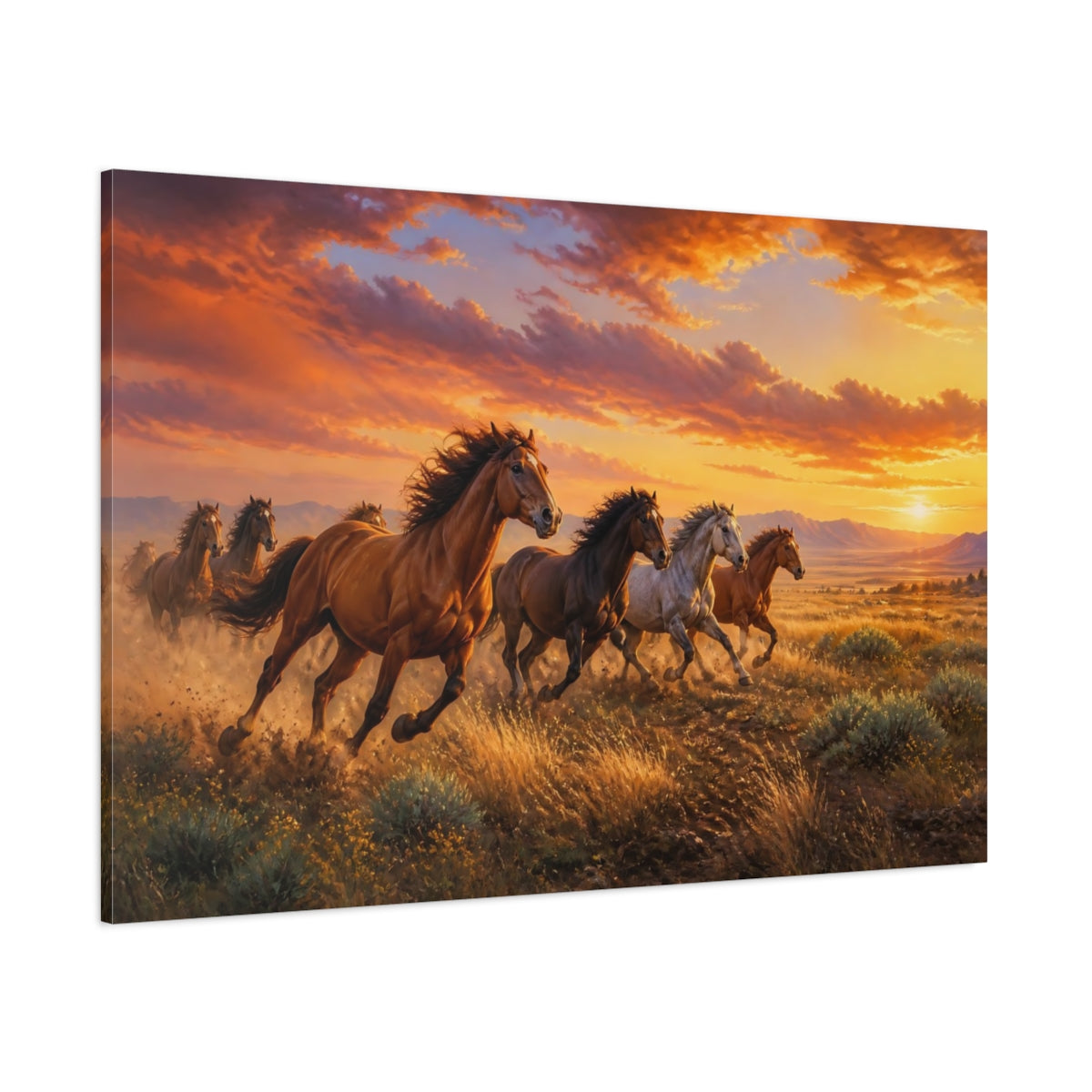 Side Mockup 1. Wild Horses Animals Sunset shown as canvas print