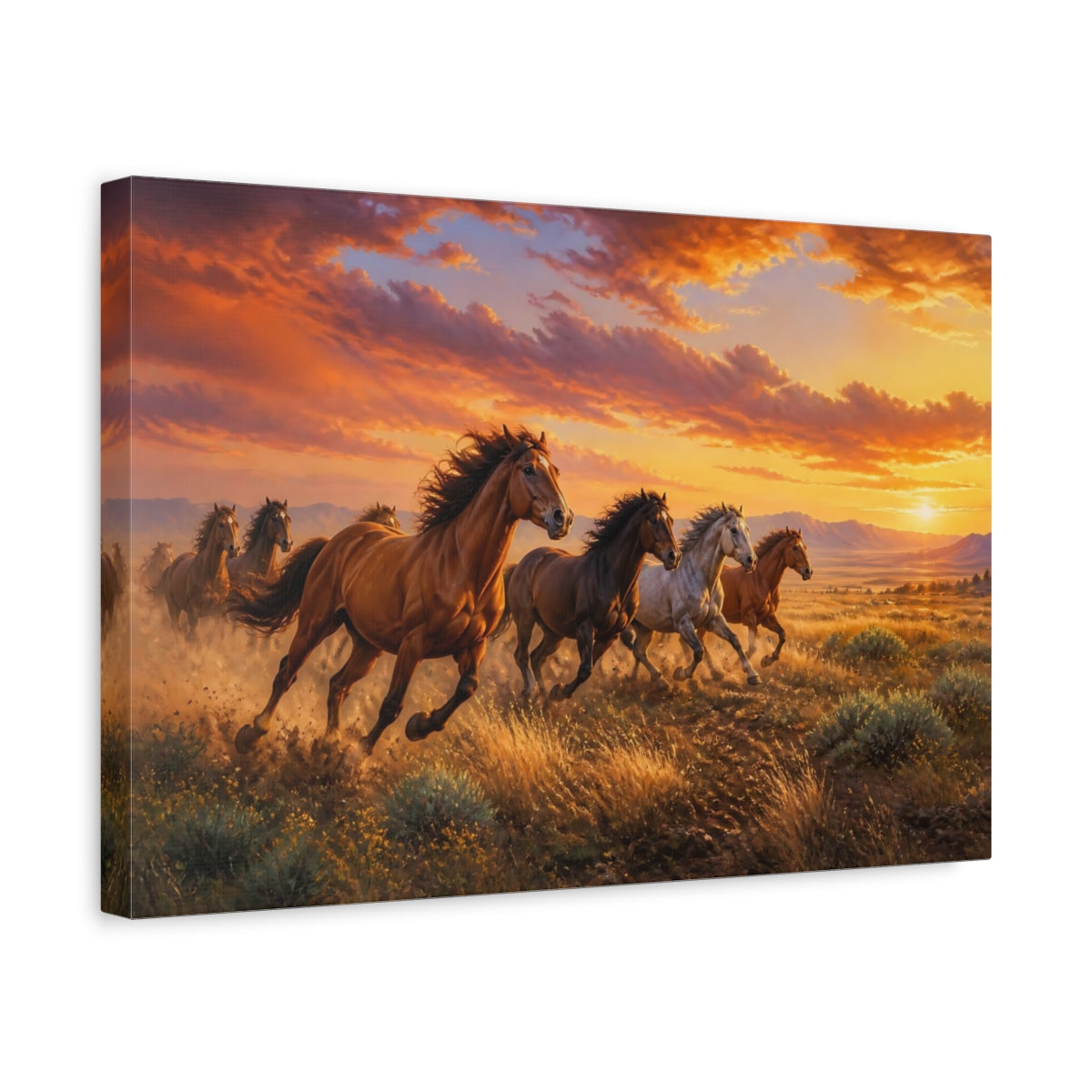 Side Mockup 4. Wild Horses Animals Sunset shown as canvas print