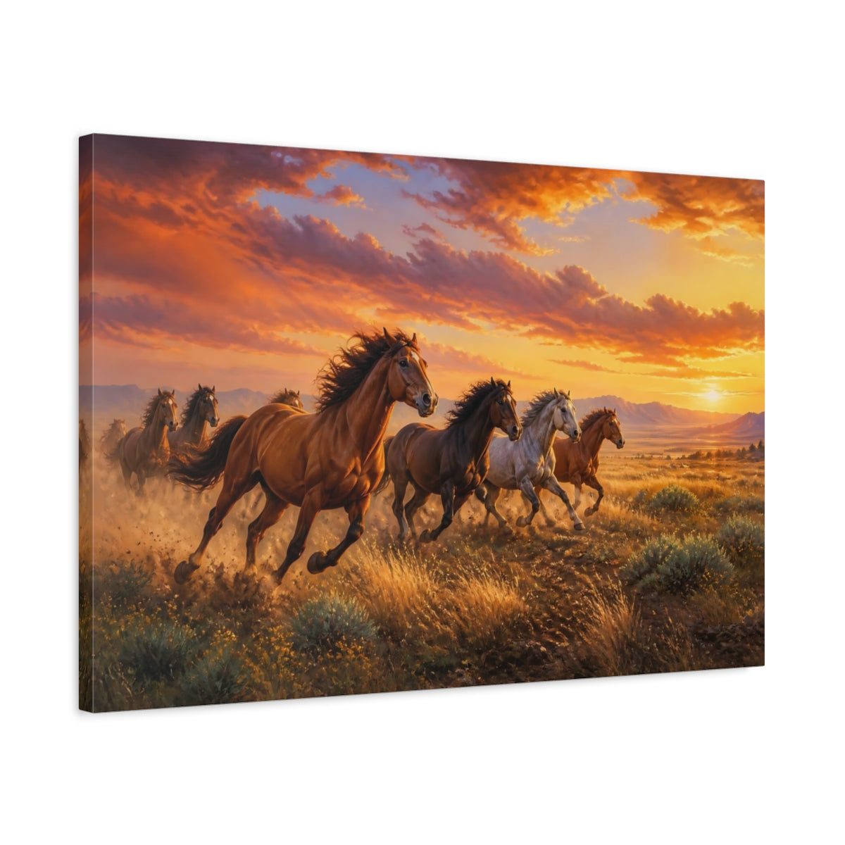 Side Mockup 2. Wild Horses Animals Sunset shown as canvas print