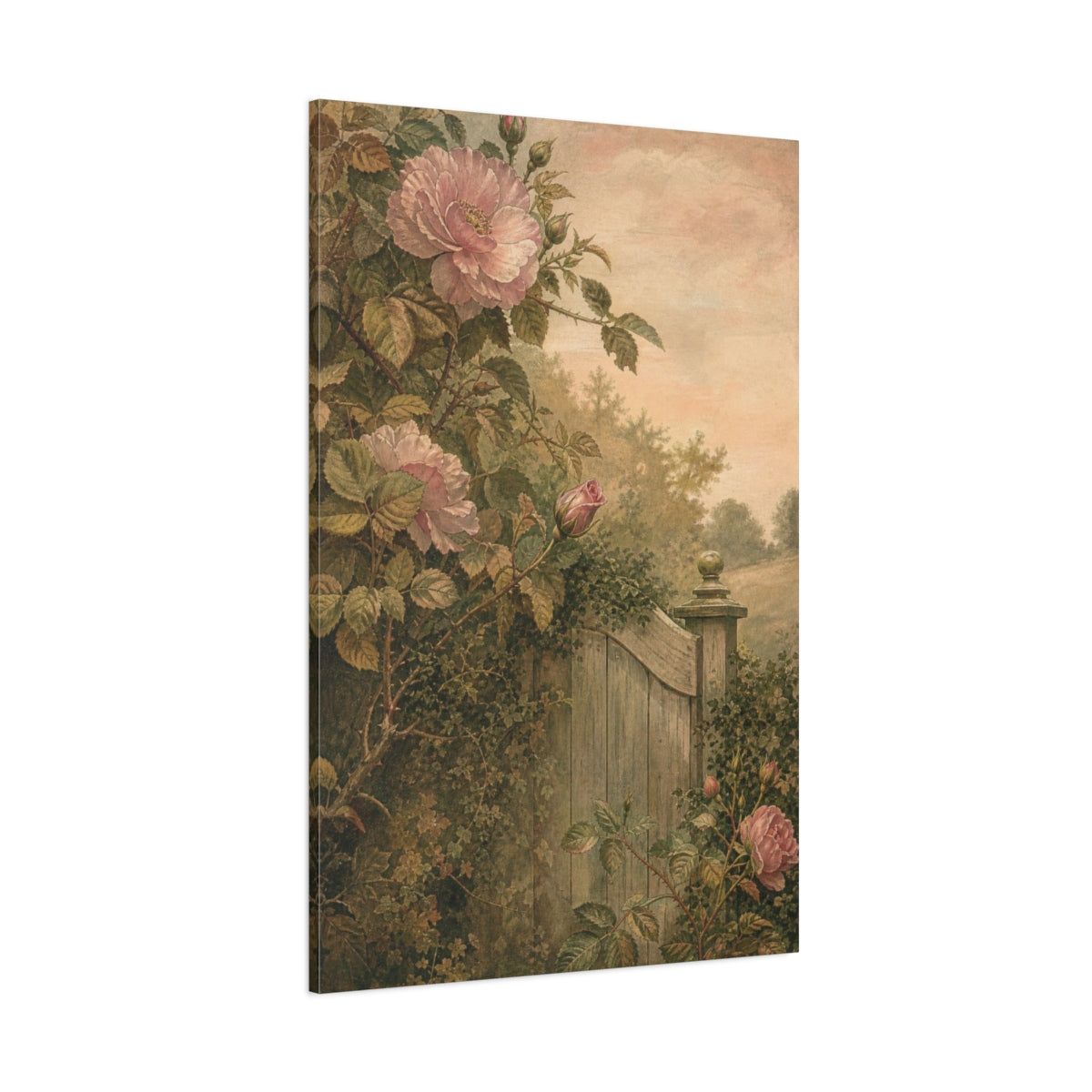 Side Mockup 1. Wild Roses By Garden Gate shown as canvas print