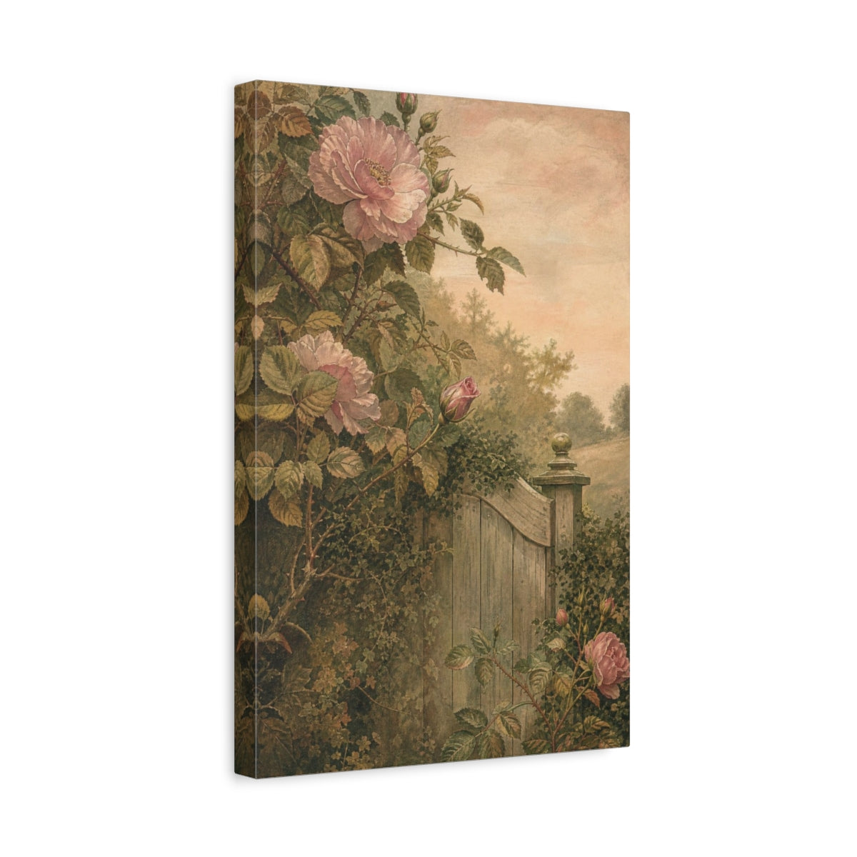 Side Mockup 4. Wild Roses By Garden Gate shown as canvas print