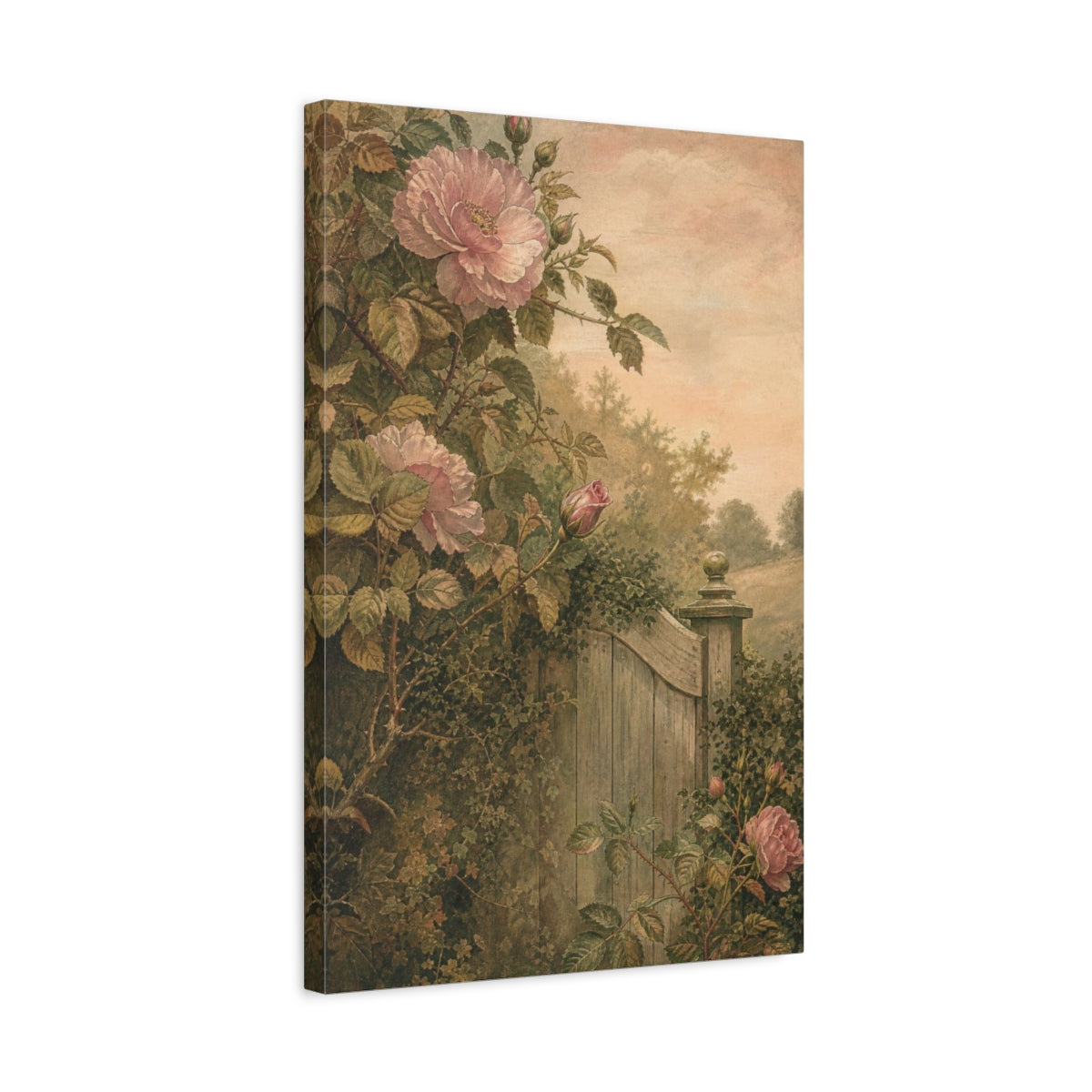 Side Mockup 3. Wild Roses By Garden Gate shown as canvas print