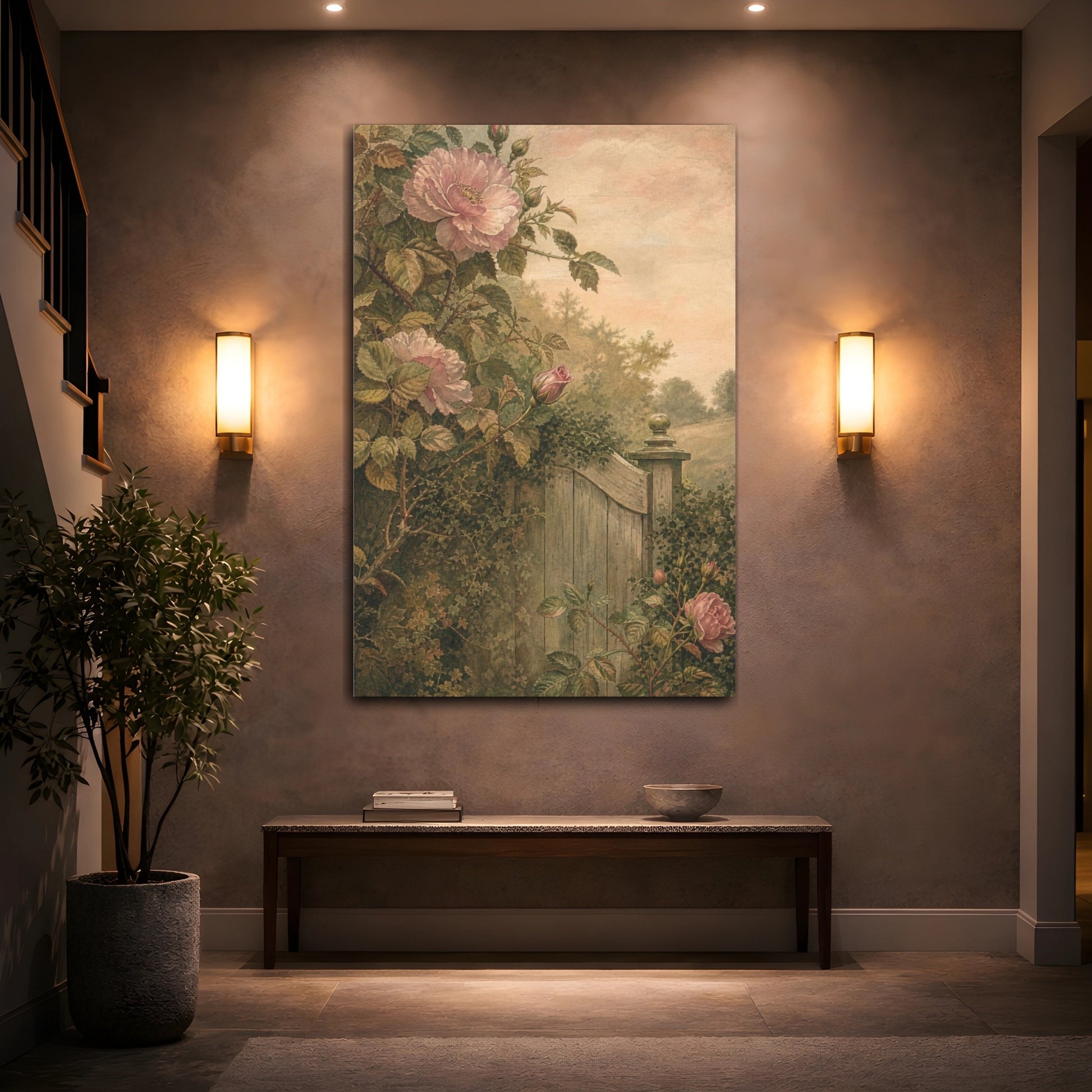 Mockup 2. Wild Roses By Garden Gate shown as canvas print