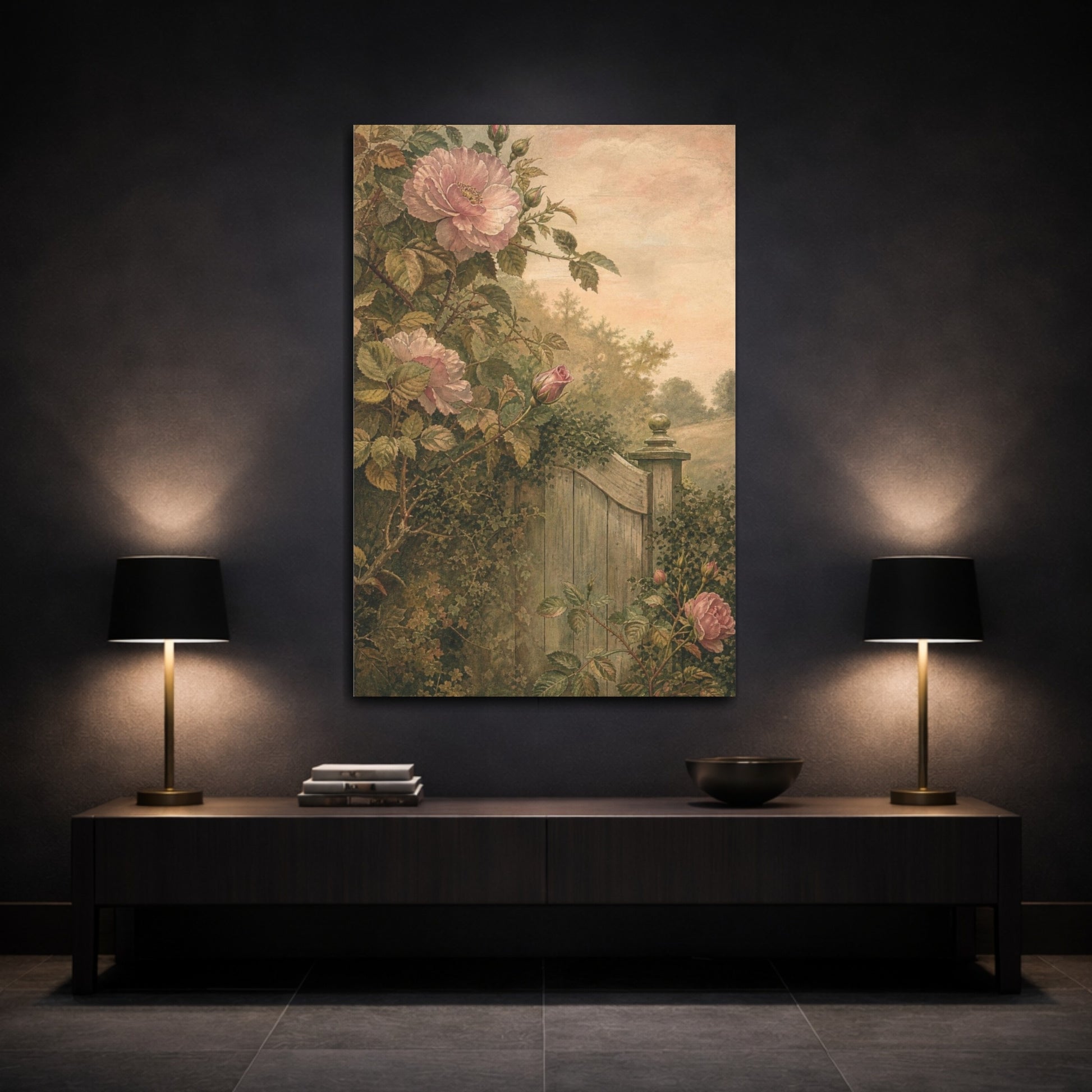 Mockup 3. Wild Roses By Garden Gate shown as canvas print