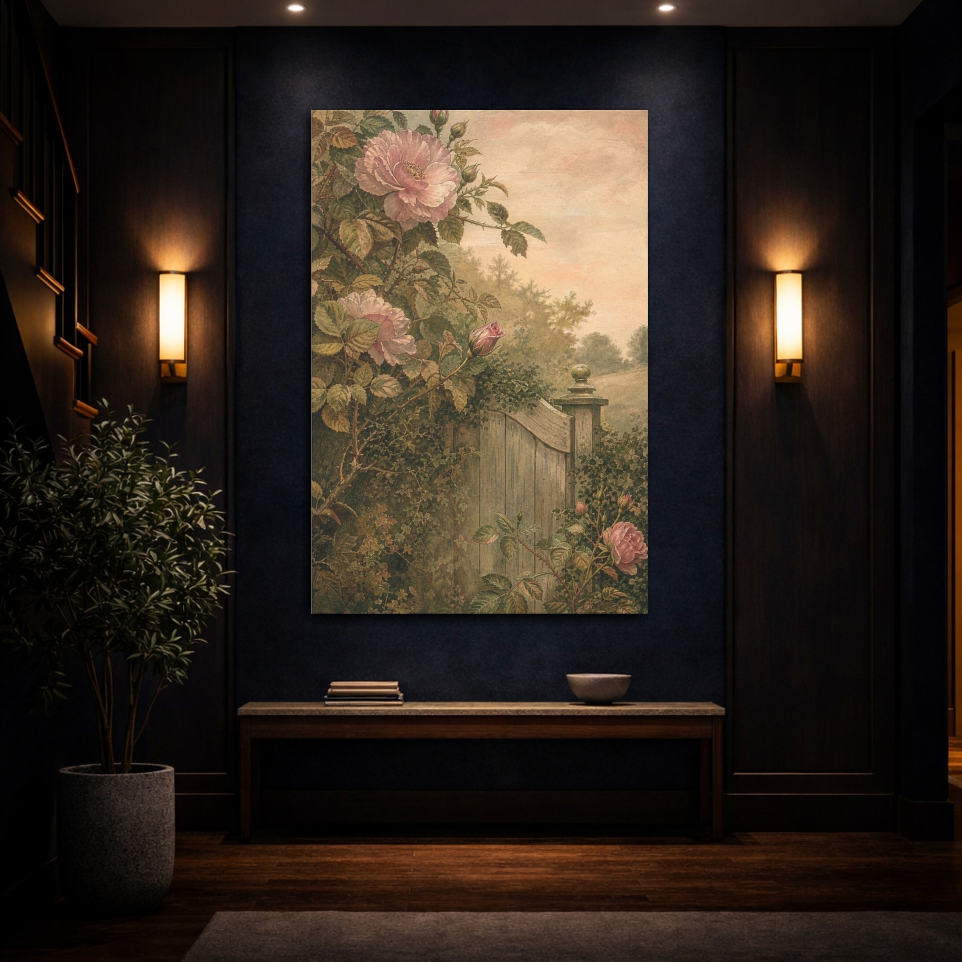 Mockup 4. Wild Roses By Garden Gate shown as canvas print